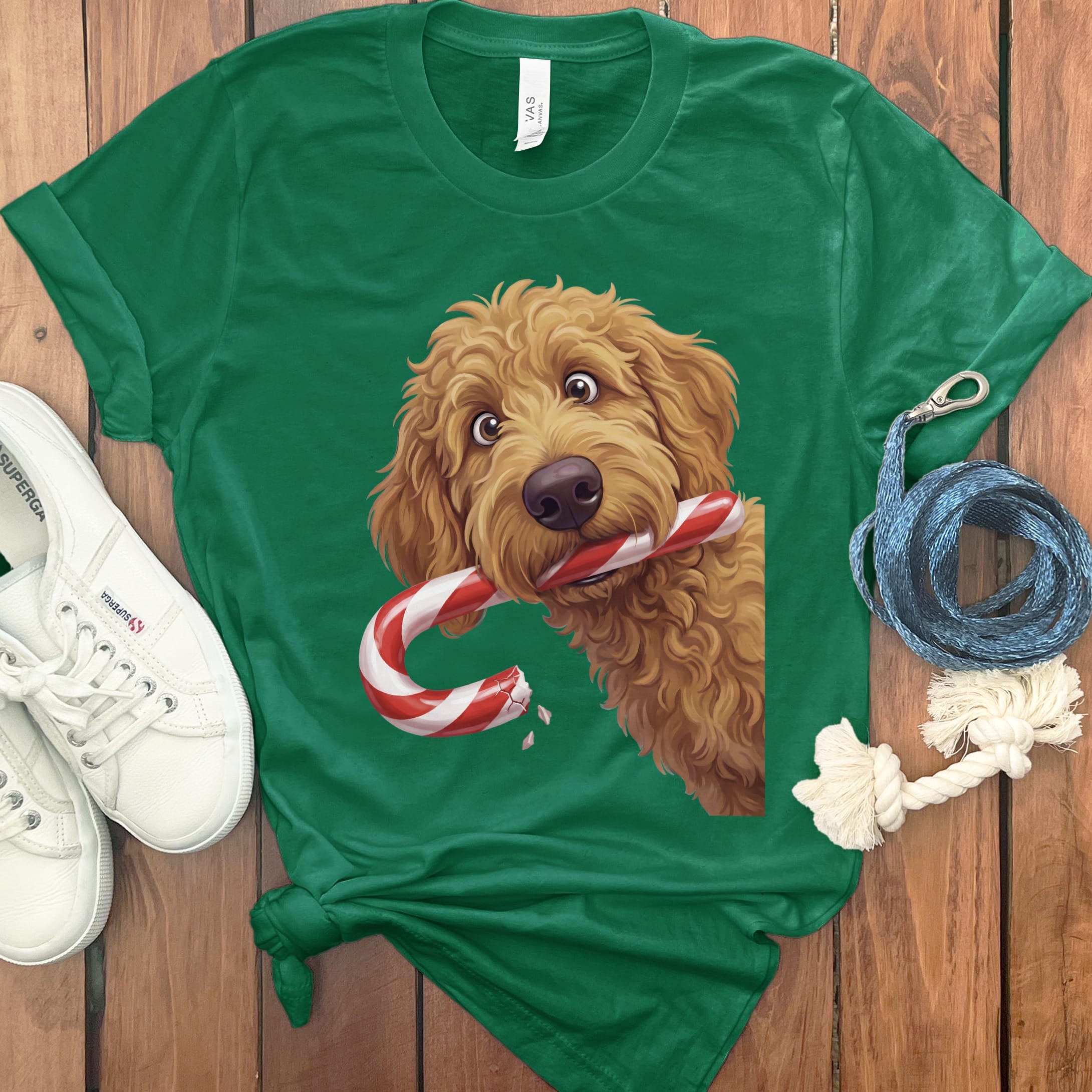Apricot Goldendoodle Candy Cane Thief T-Shirt in Kelly / S by Puppy Jo