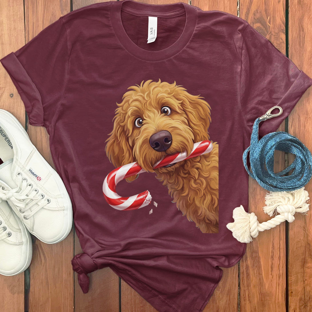 Apricot Goldendoodle Candy Cane Thief T-Shirt in Maroon / S by Puppy Jo