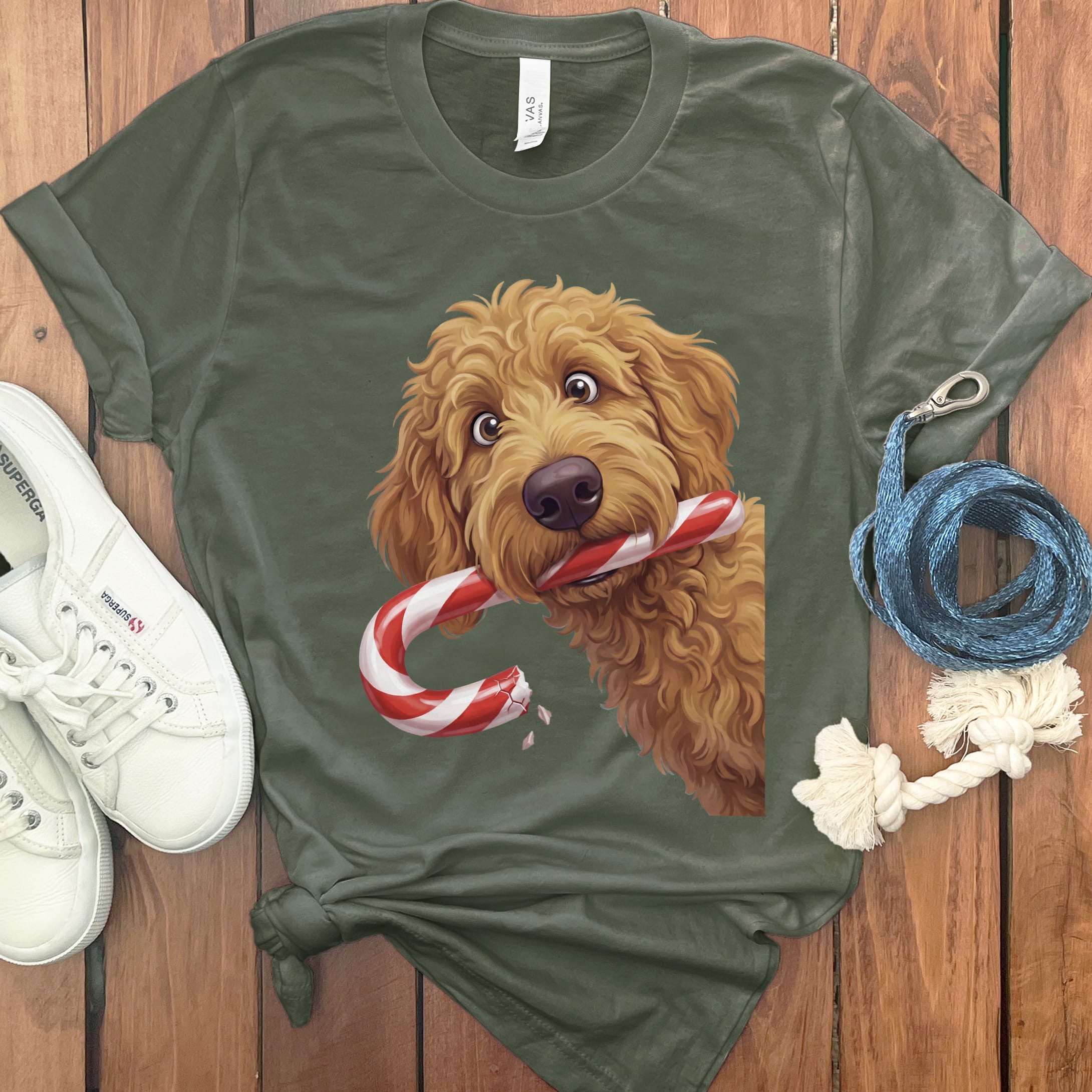 Apricot Goldendoodle Candy Cane Thief T-Shirt in Military Green / S by Puppy Jo