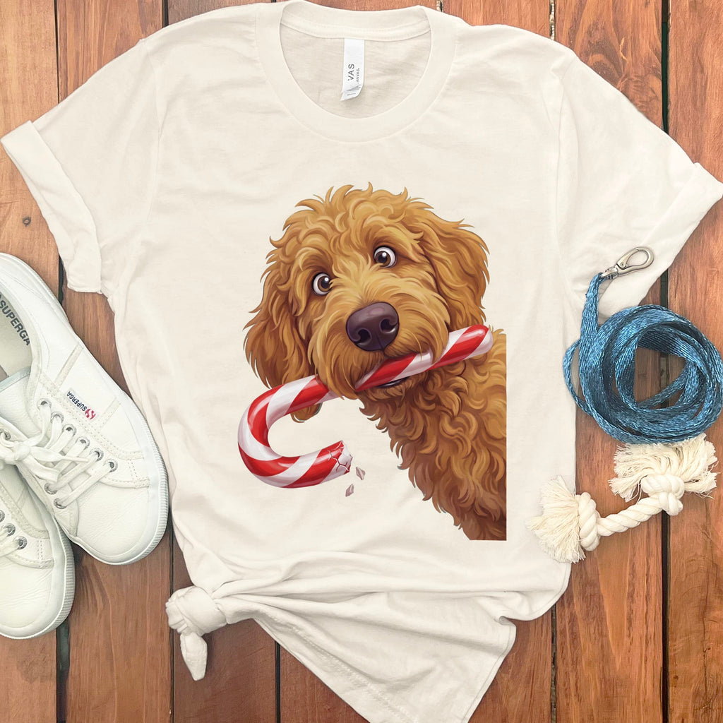 Apricot Goldendoodle Candy Cane Thief T-Shirt in Natural / S by Puppy Jo