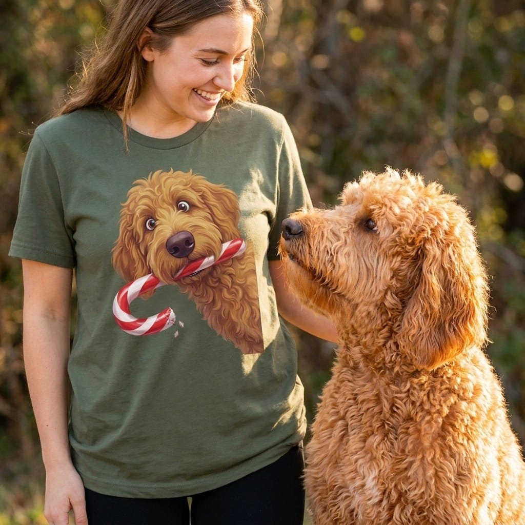 Apricot Goldendoodle Candy Cane Thief T-Shirt in by Puppy Jo