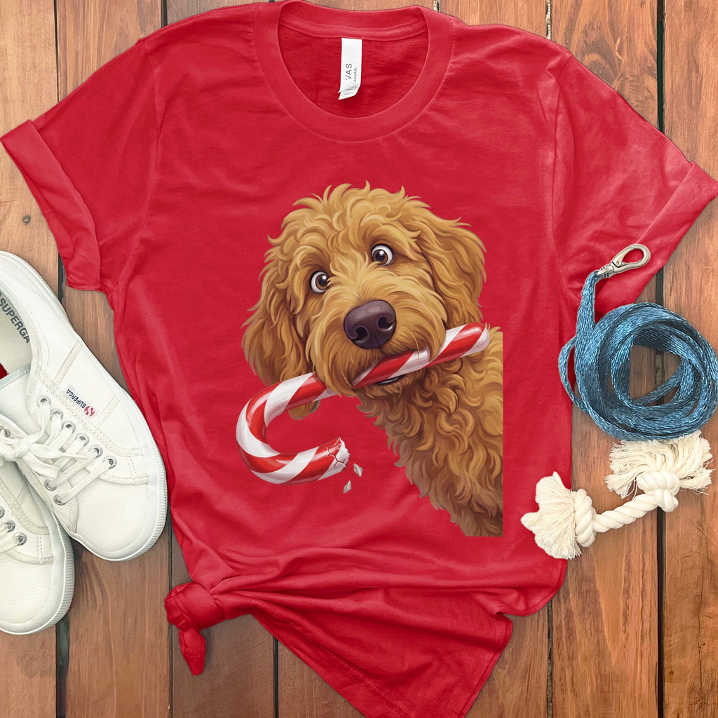 Apricot Goldendoodle Candy Cane Thief T-Shirt in Red / S by Puppy Jo
