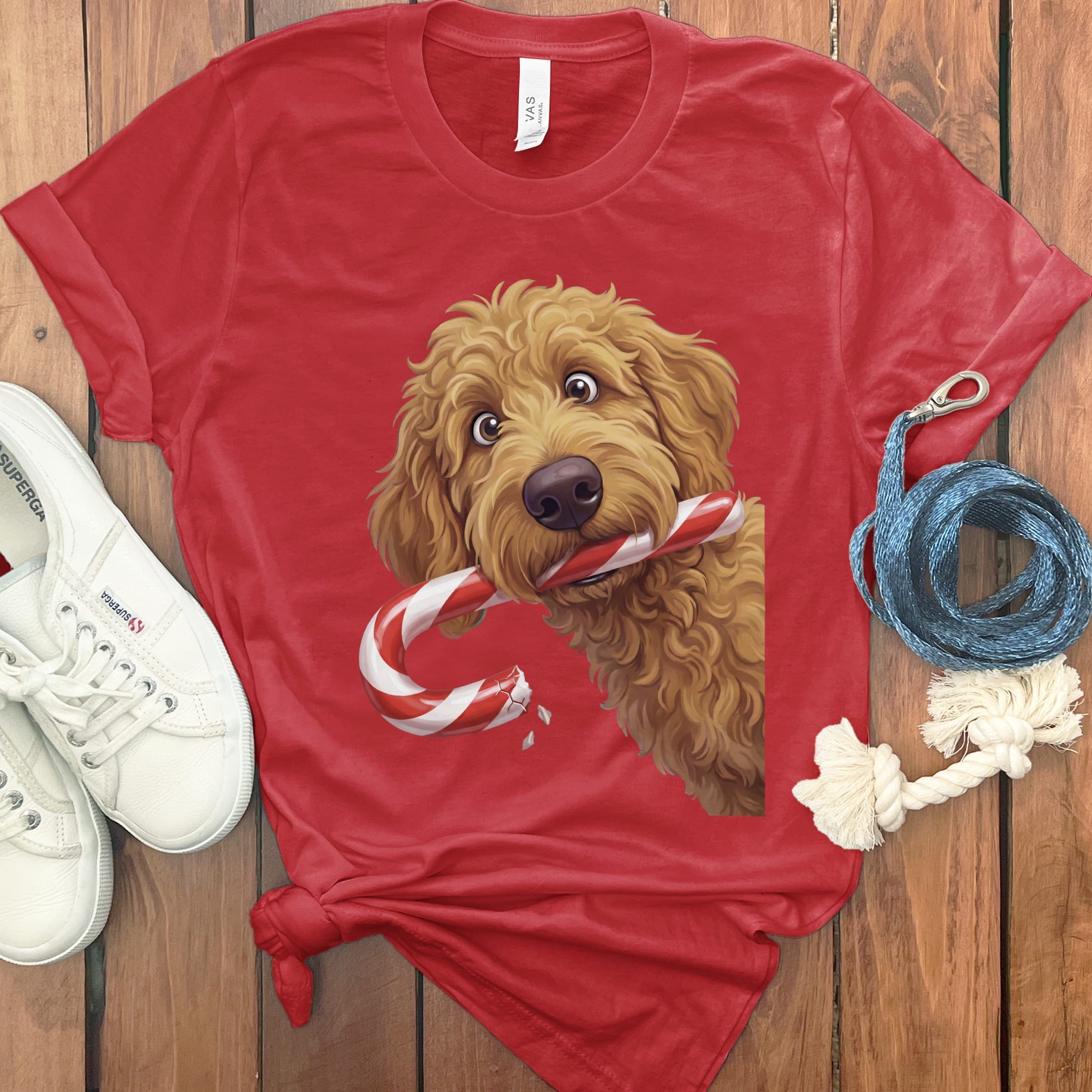 Apricot Goldendoodle Candy Cane Thief T-Shirt in Red / S by Puppy Jo
