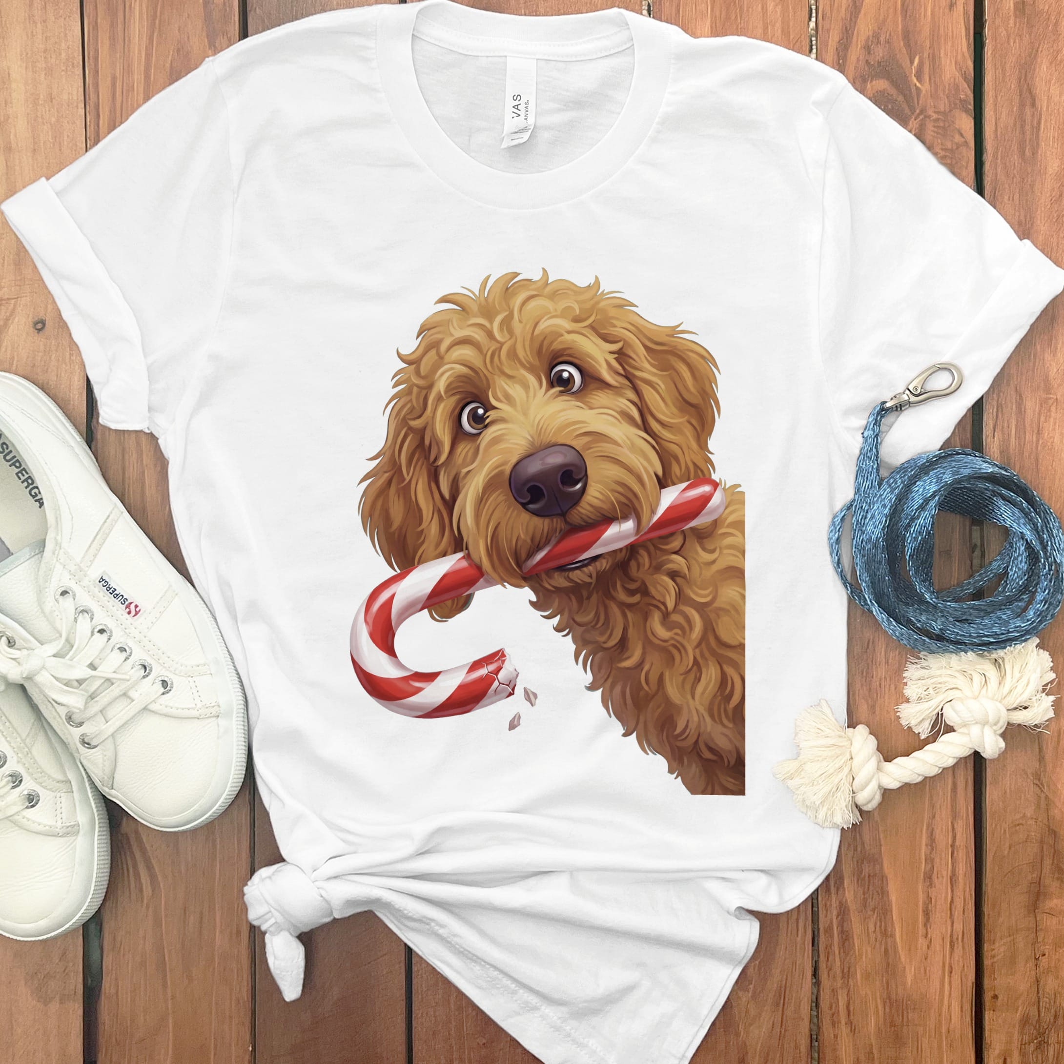 Apricot Goldendoodle Candy Cane Thief T-Shirt in White / S by Puppy Jo