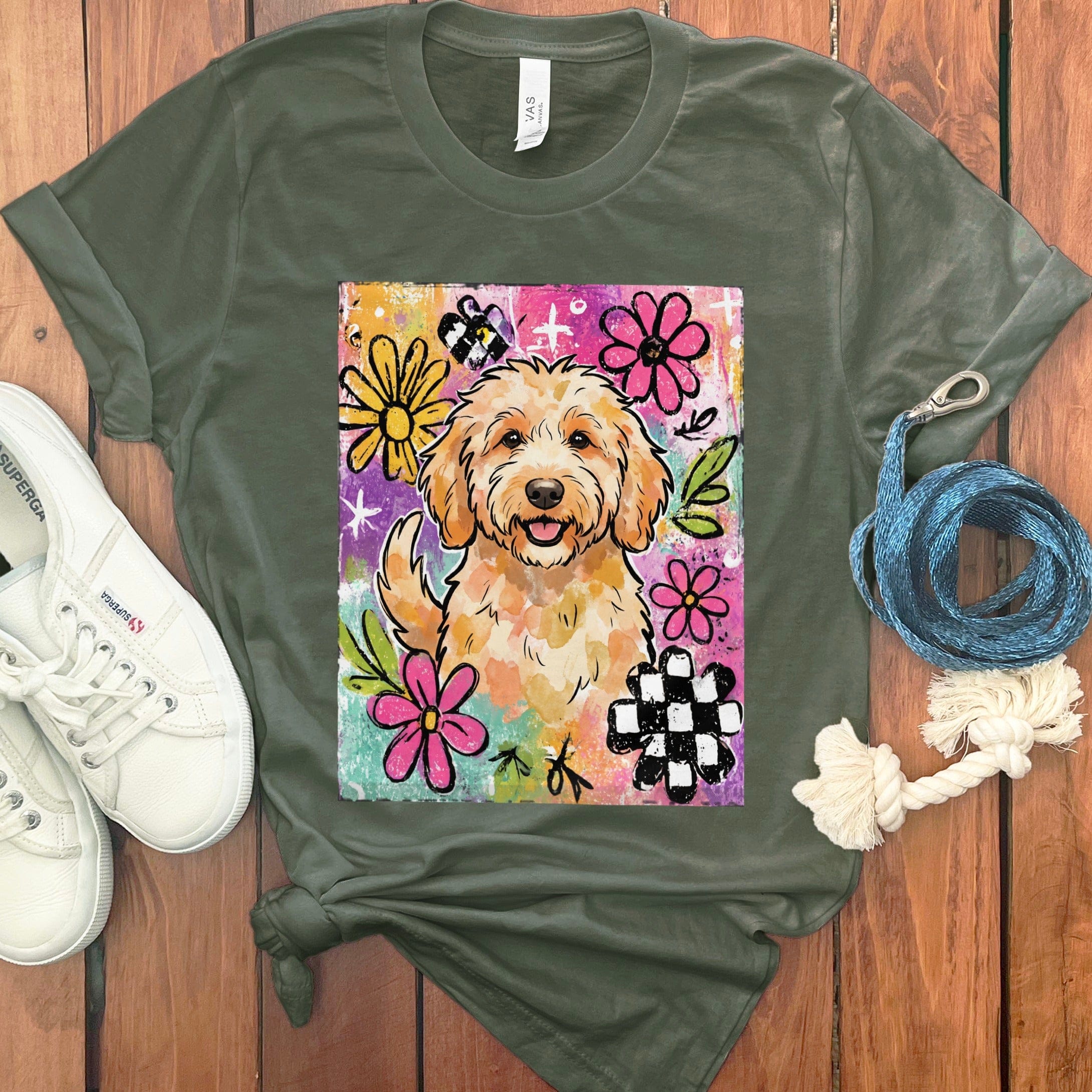 Apricot Goldendoodle Color Pop T-Shirt in Military Green / S by Puppy Jo