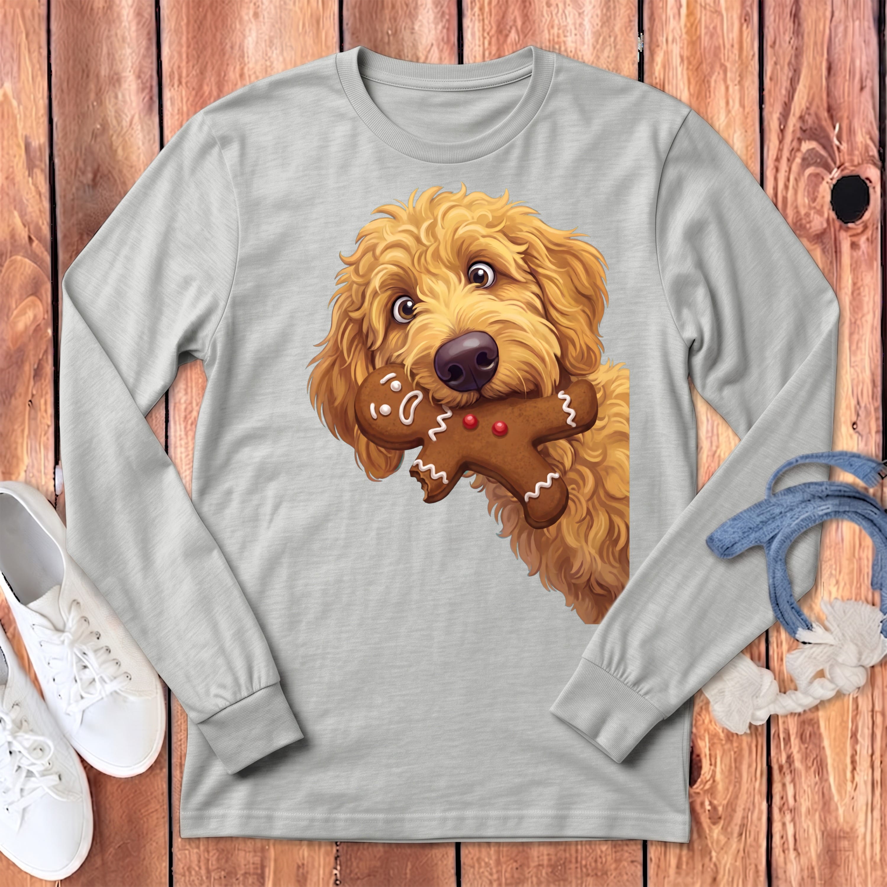 Apricot Goldendoodle Cookie Thief Long Sleeve T-Shirt in Athletic Heather / S by Puppy Jo