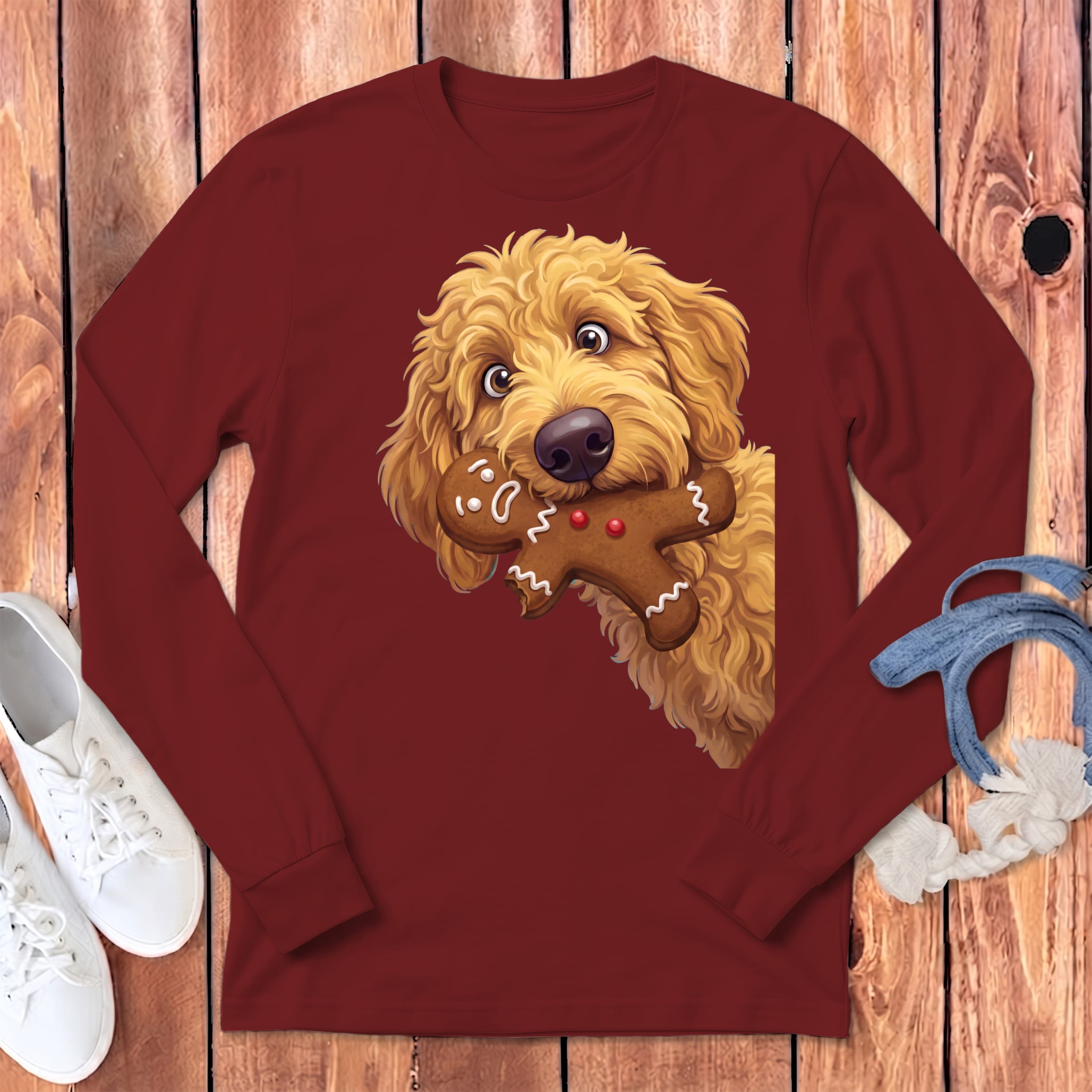 Apricot Goldendoodle Cookie Thief Long Sleeve T-Shirt in Cardinal / S by Puppy Jo