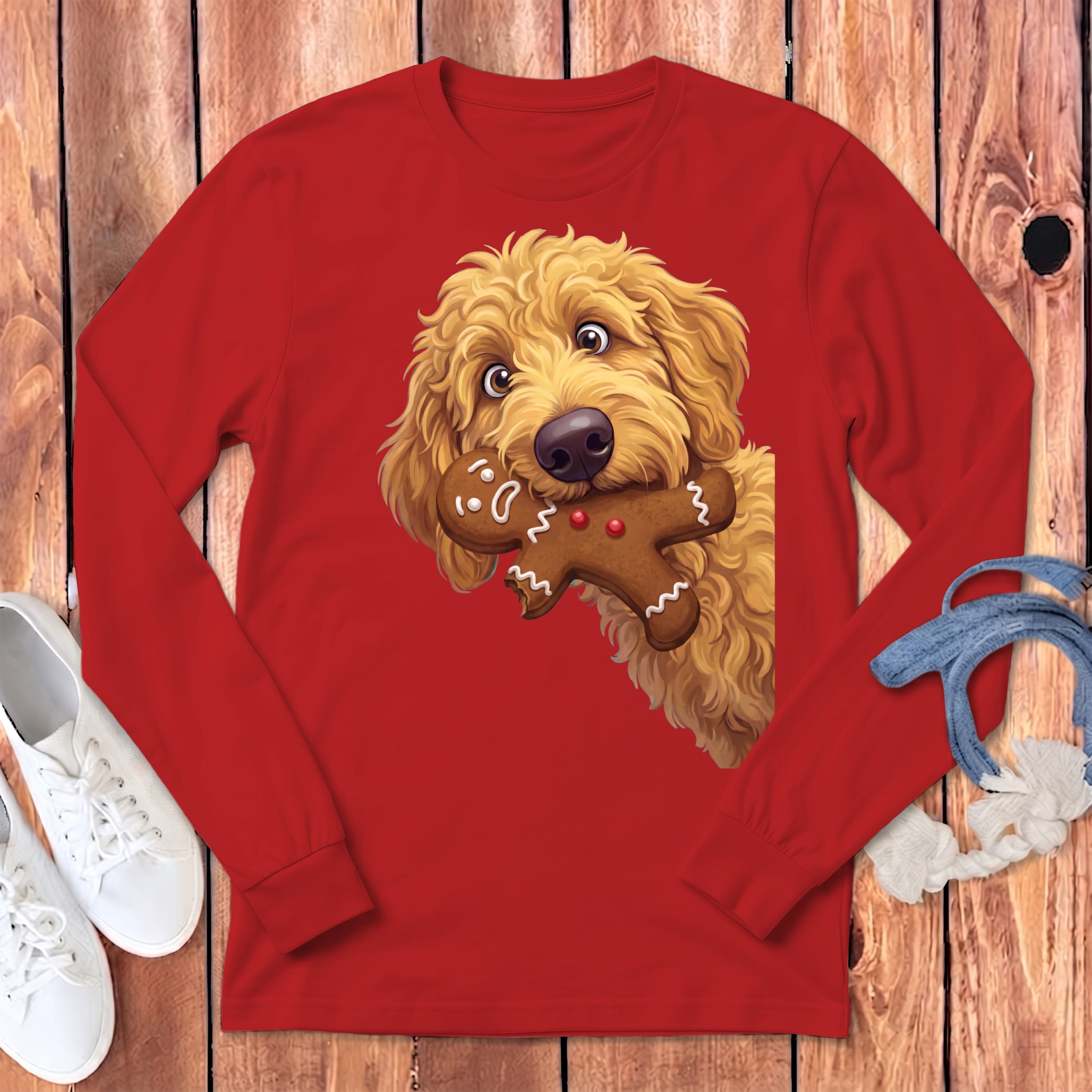 Apricot Goldendoodle Cookie Thief Long Sleeve T-Shirt in Red / S by Puppy Jo