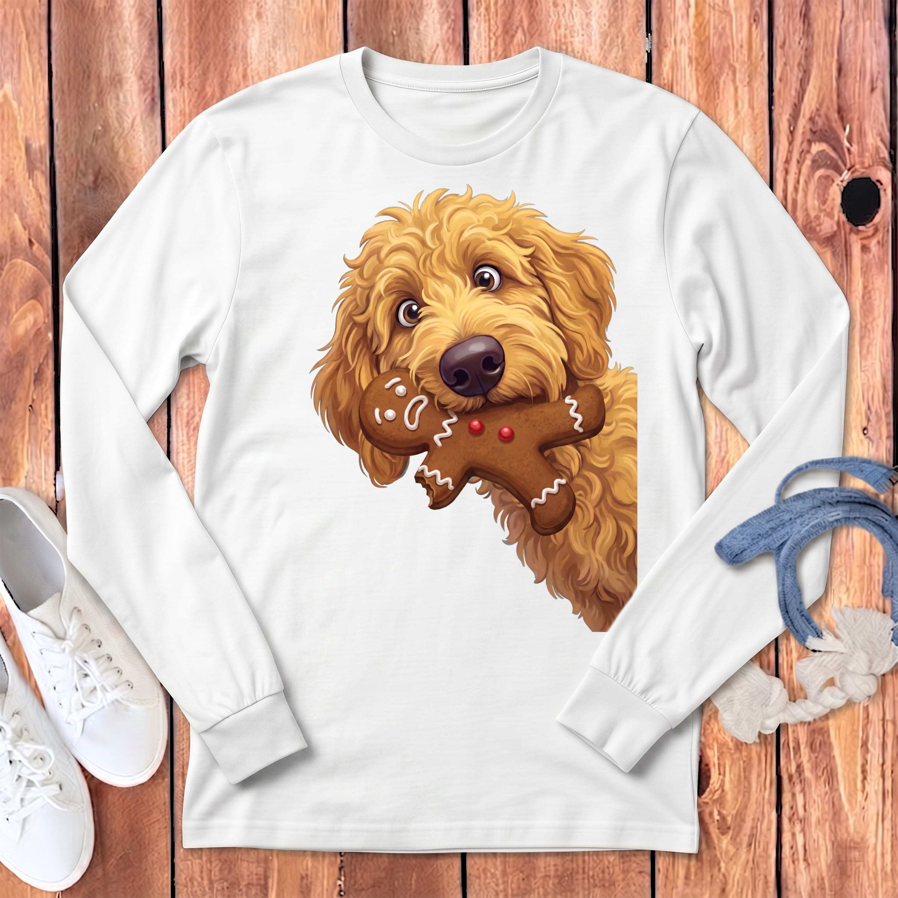 Apricot Goldendoodle Cookie Thief Long Sleeve T-Shirt in White / S by Puppy Jo