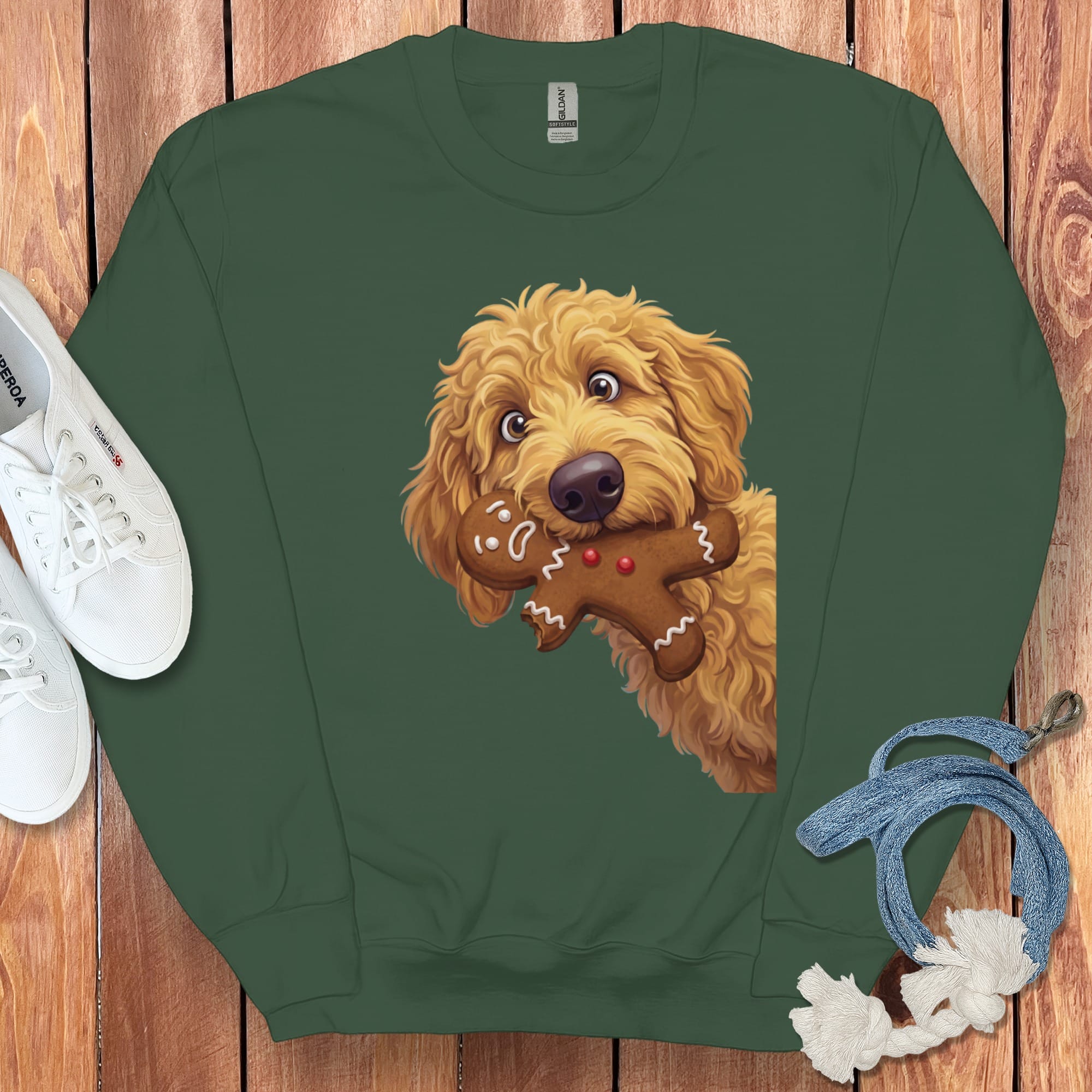 Apricot Goldendoodle Cookie Thief Sweatshirt in Forest Green / S by Puppy Jo