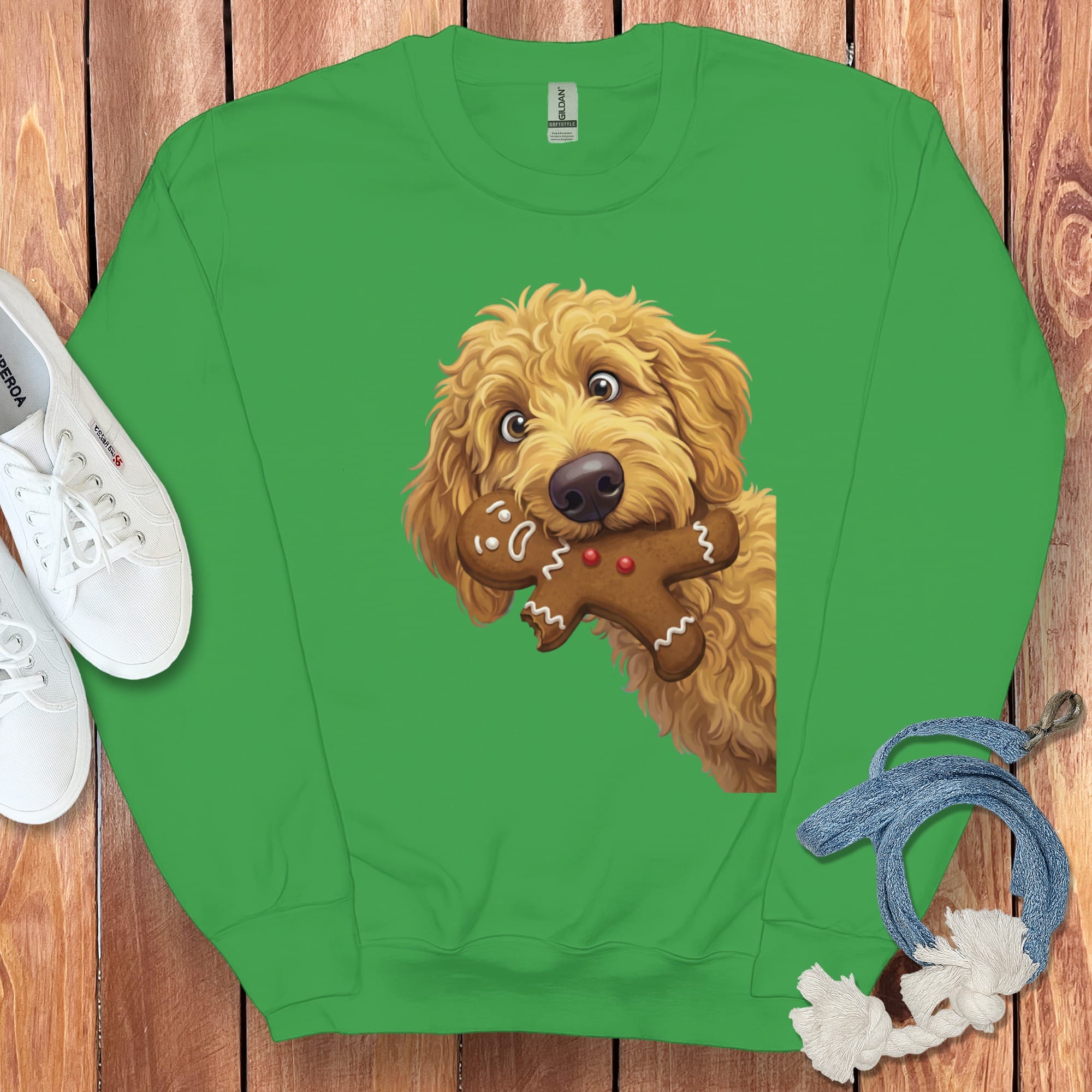 Apricot Goldendoodle Cookie Thief Sweatshirt in Irish Green / S by Puppy Jo