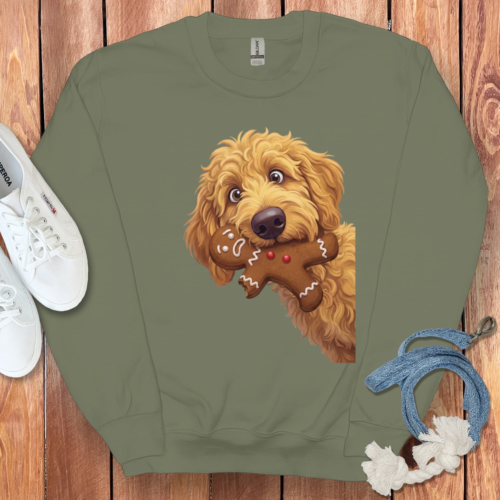 Apricot Goldendoodle Cookie Thief Sweatshirt in Military Green / S by Puppy Jo