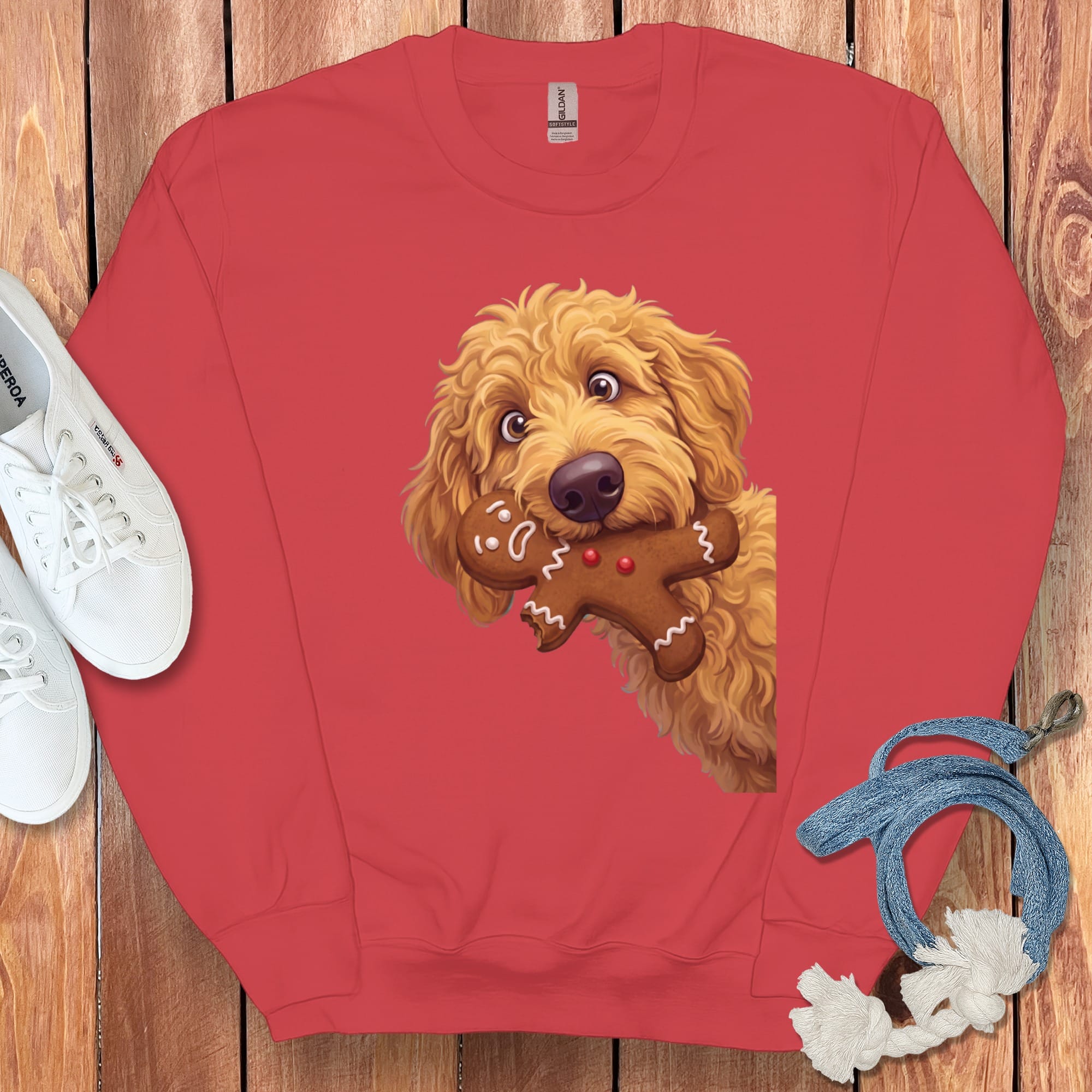Apricot Goldendoodle Cookie Thief Sweatshirt in Red / S by Puppy Jo