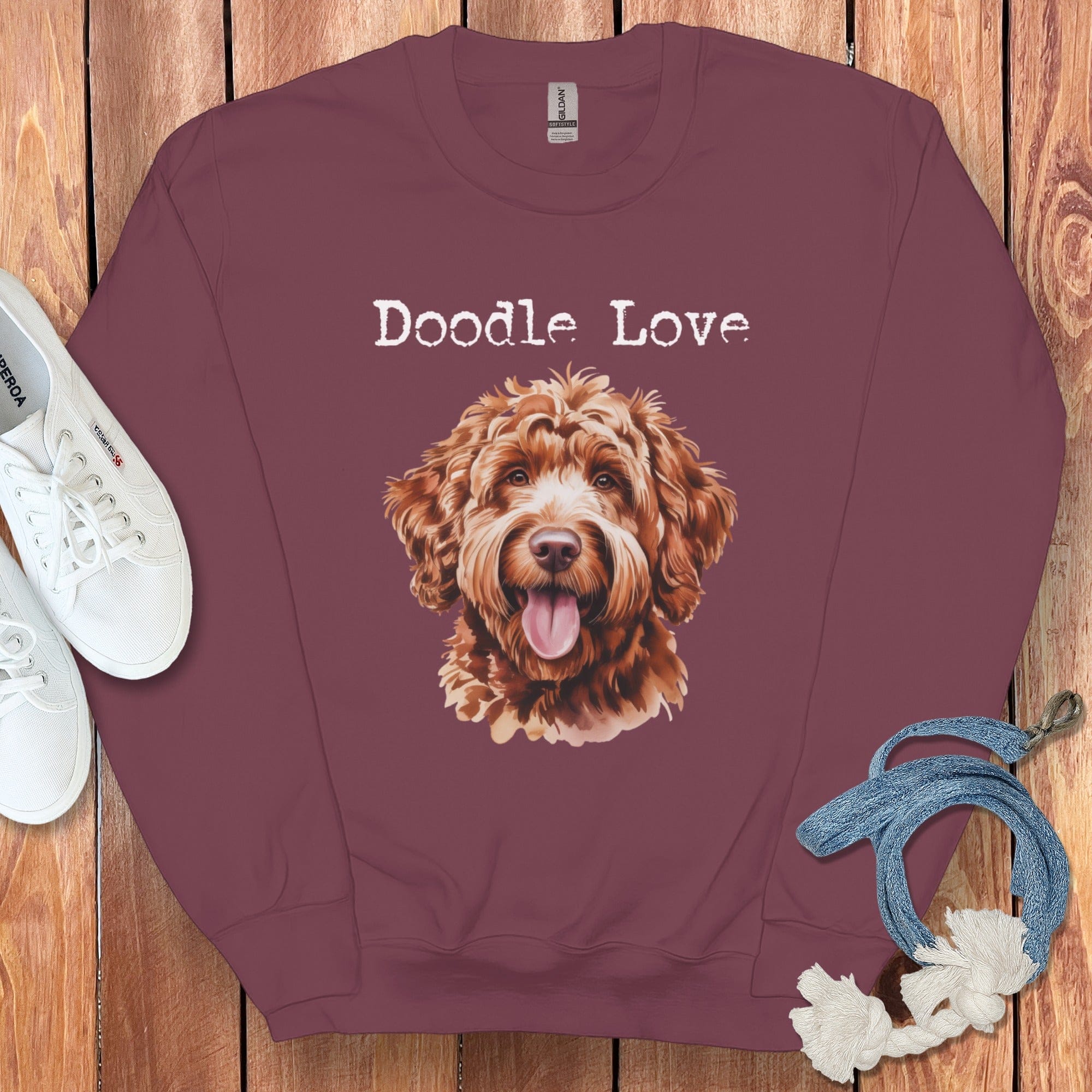 Apricot Goldendoodle Doodle Love Sweatshirt in Maroon / S by Puppy Jo