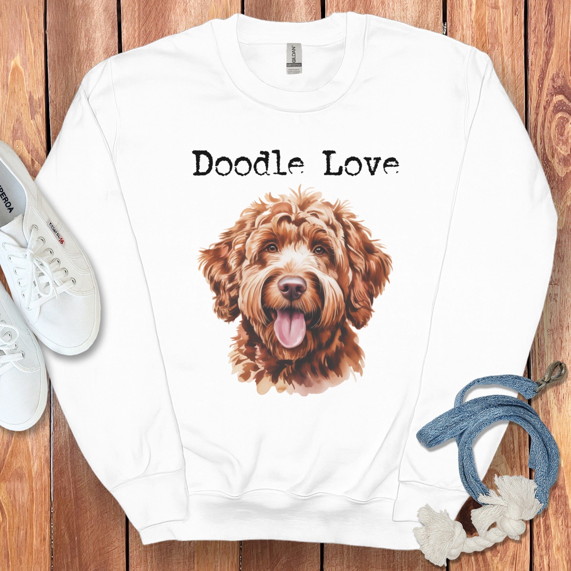 Apricot Goldendoodle Doodle Love Sweatshirt in White / S by Puppy Jo