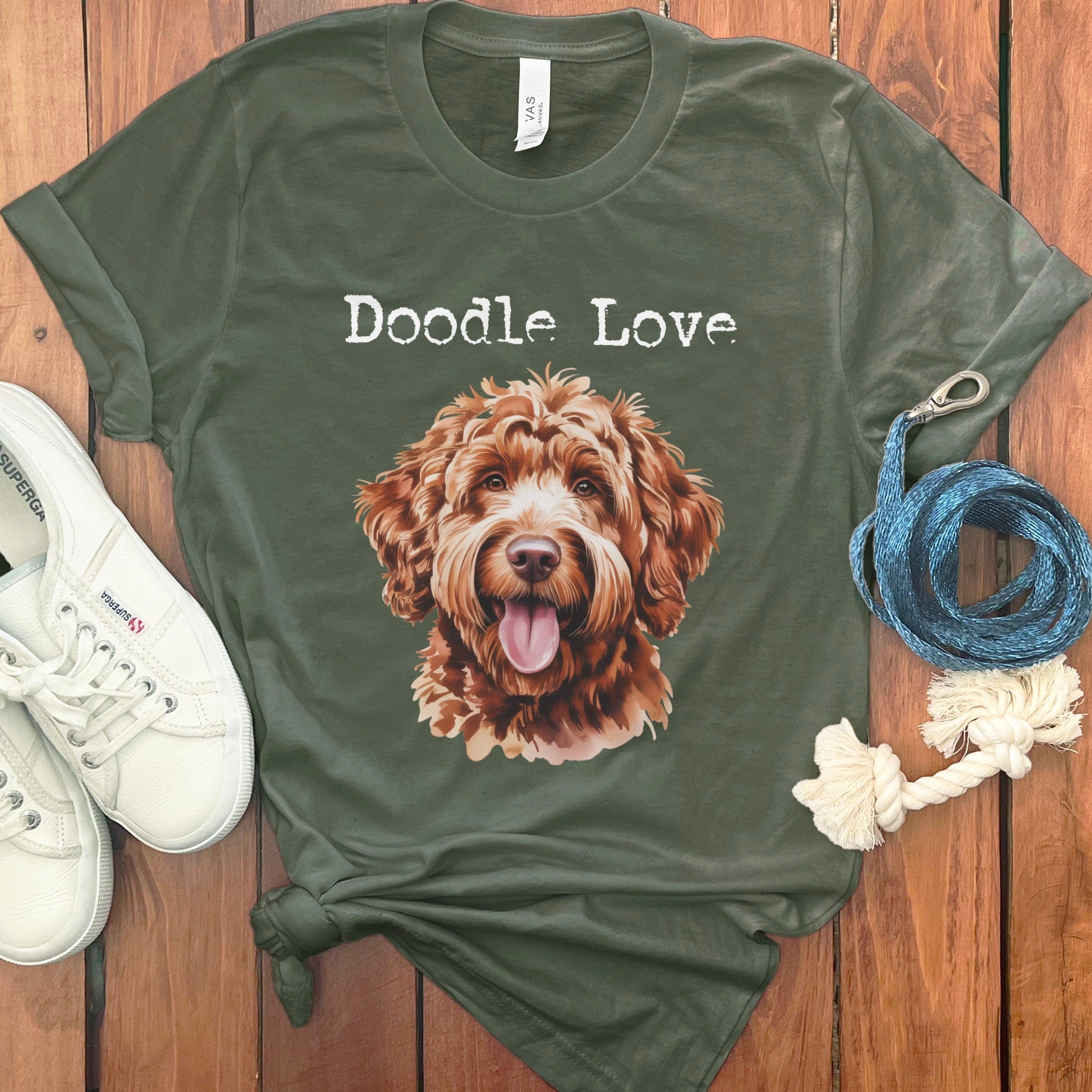 Apricot Goldendoodle Doodle Love T-Shirt in Military Green / S by Puppy Jo