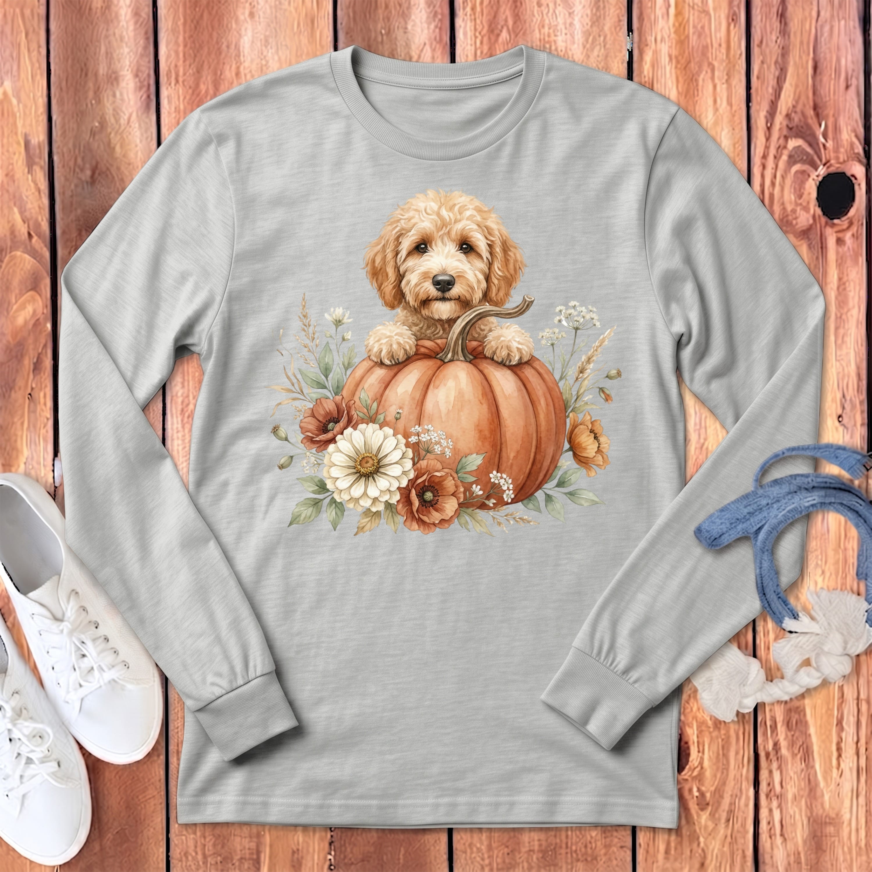 Apricot Goldendoodle Fall Long Sleeve T-Shirt in Athletic Heather / S by Puppy Jo