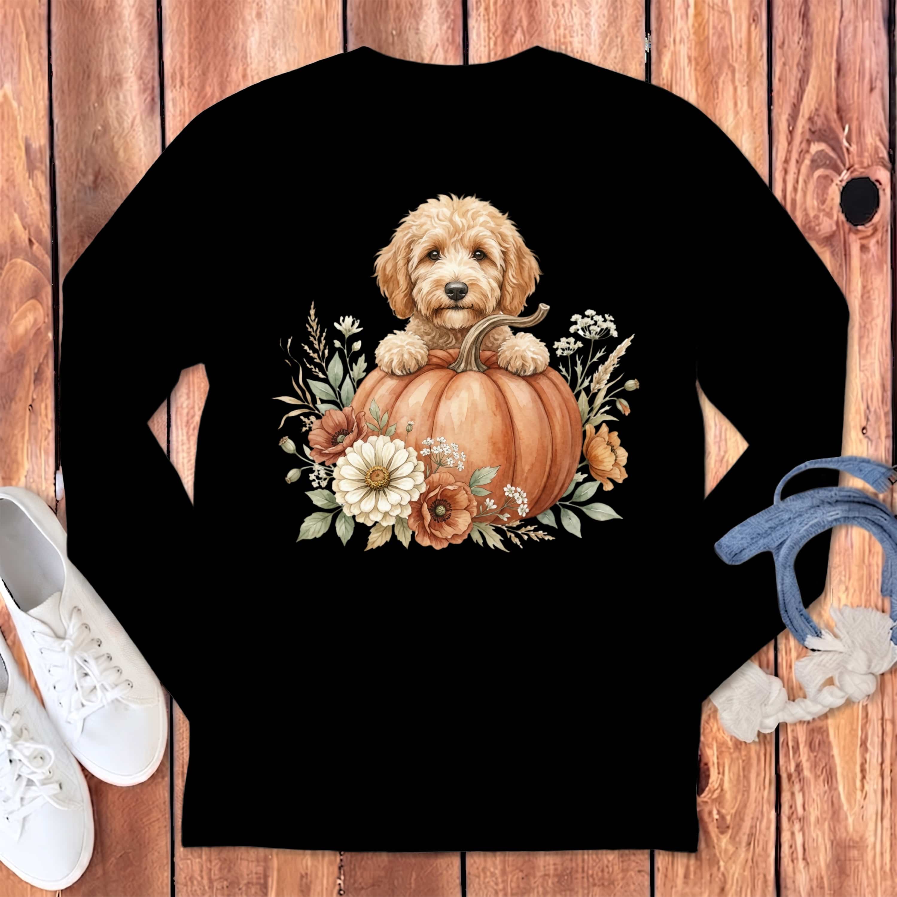 Apricot Goldendoodle Fall Long Sleeve T-Shirt in Black / S by Puppy Jo