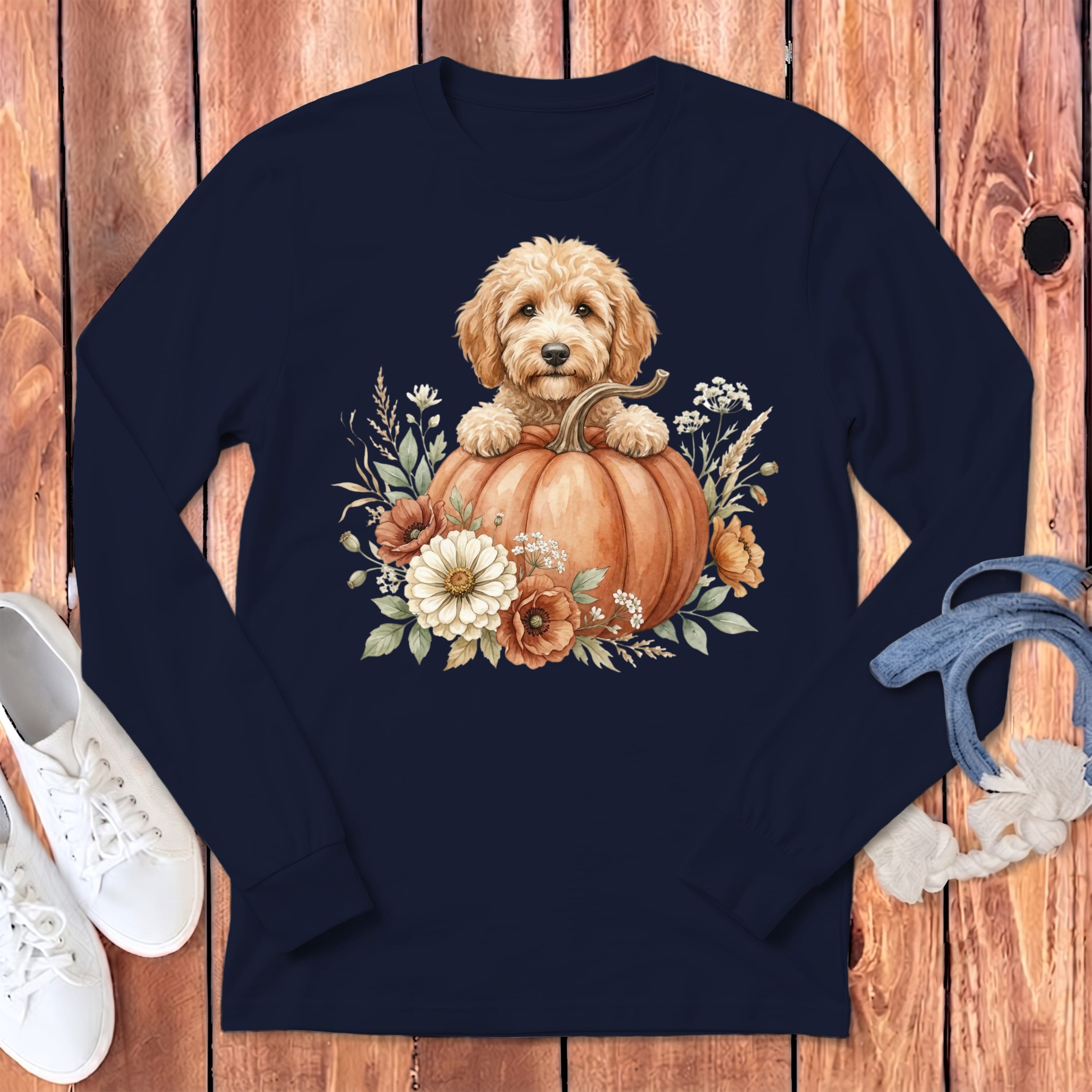 Apricot Goldendoodle Fall Long Sleeve T-Shirt in Navy / S by Puppy Jo