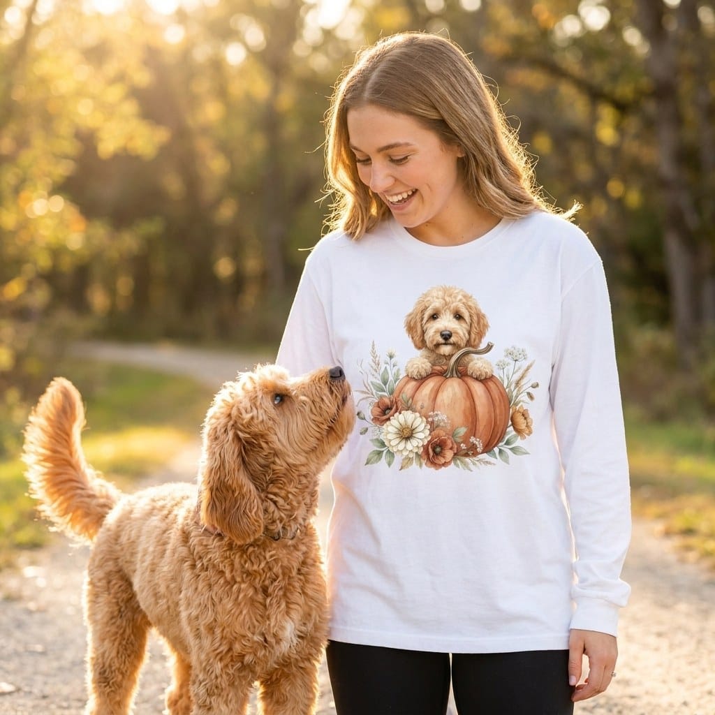 Apricot Goldendoodle Fall Long Sleeve T-Shirt in by Puppy Jo