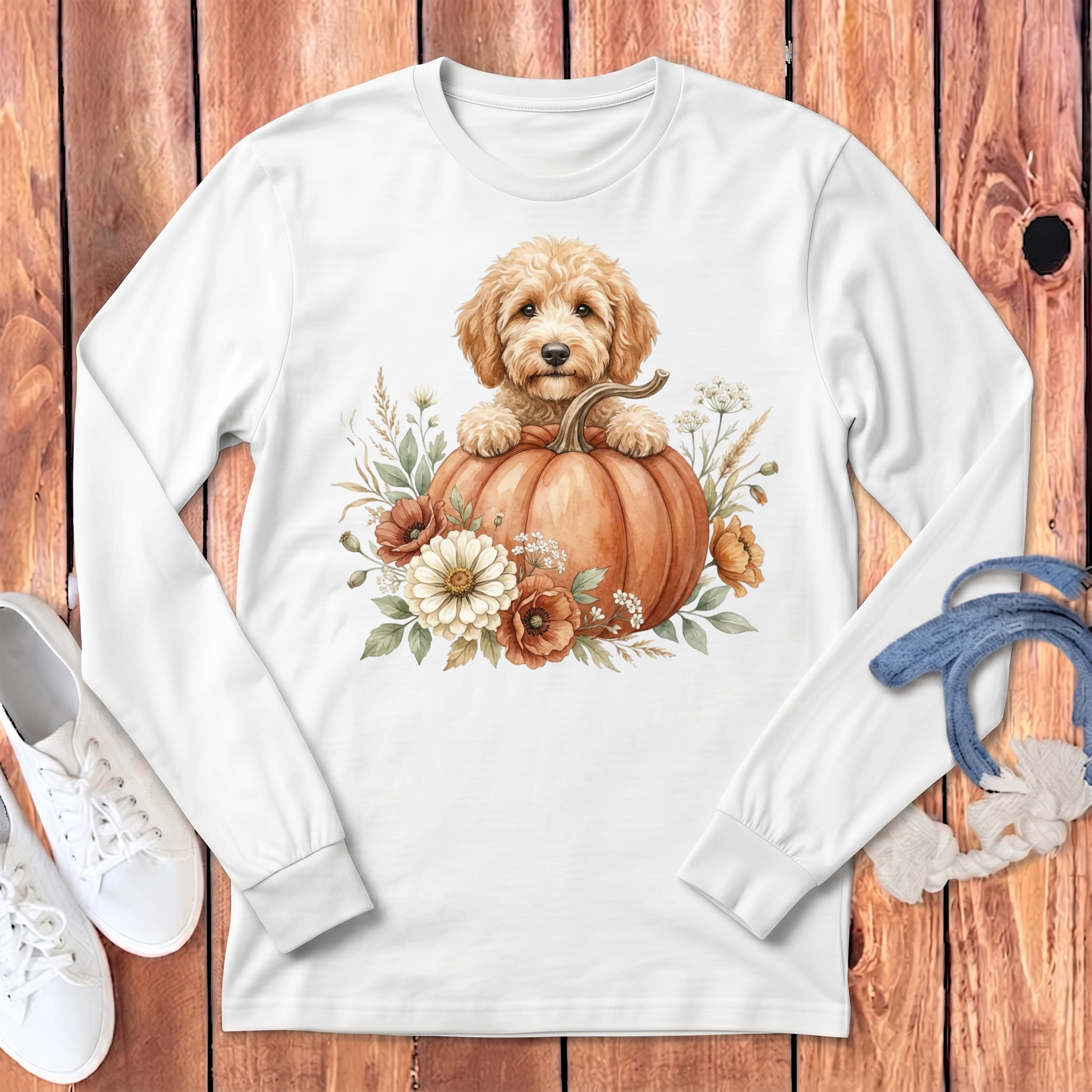 Apricot Goldendoodle Fall Long Sleeve T-Shirt in White / S by Puppy Jo