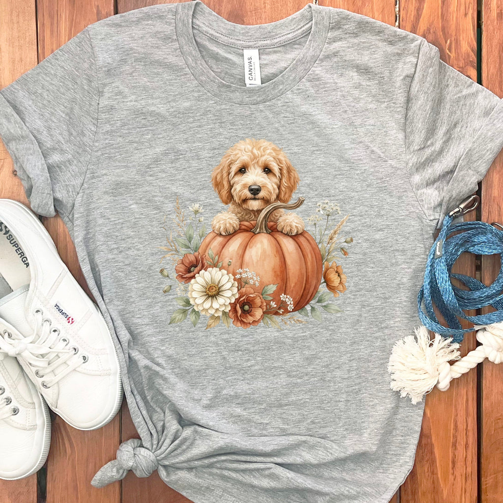 Apricot Goldendoodle Fall T-Shirt in Athletic Heather / S by Puppy Jo