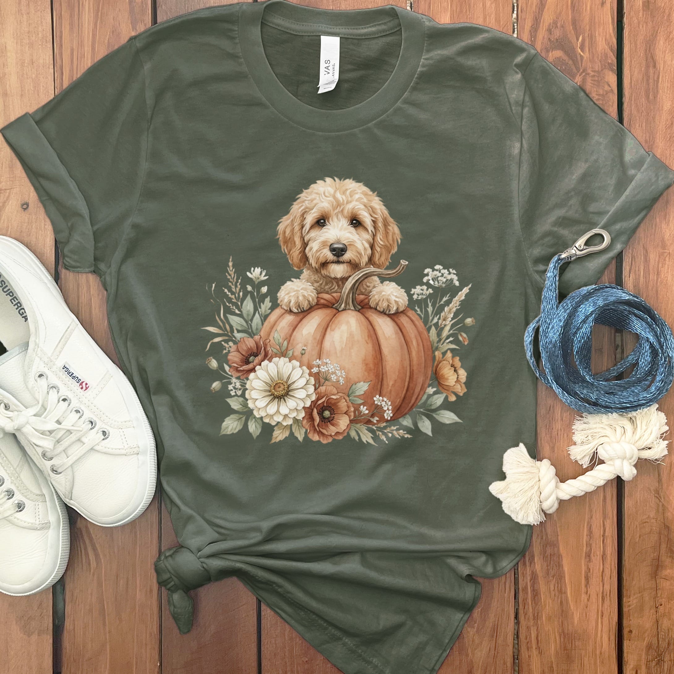 Apricot Goldendoodle Fall T-Shirt in Military Green / S by Puppy Jo