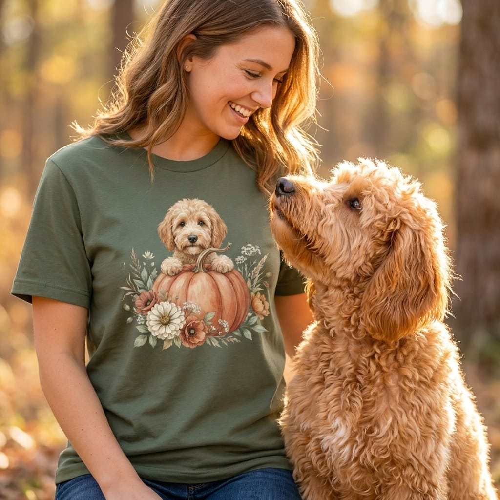 Apricot Goldendoodle Fall T-Shirt in by Puppy Jo