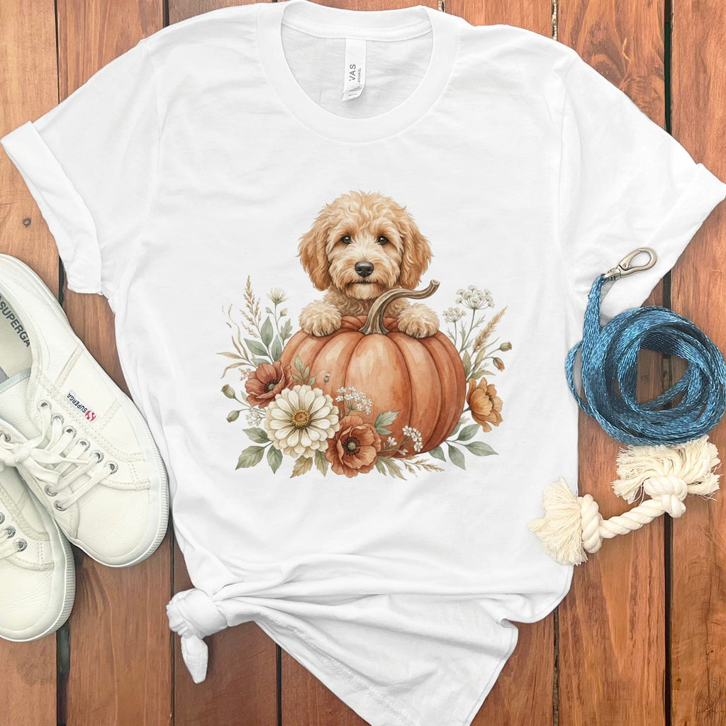 Apricot Goldendoodle Fall T-Shirt in White / S by Puppy Jo