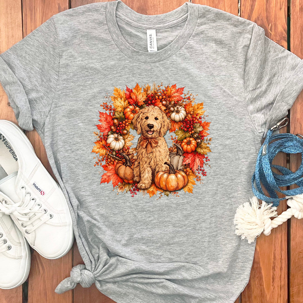 Apricot Goldendoodle Fall Wreath T-Shirt in Athletic Heather / S by Puppy Jo