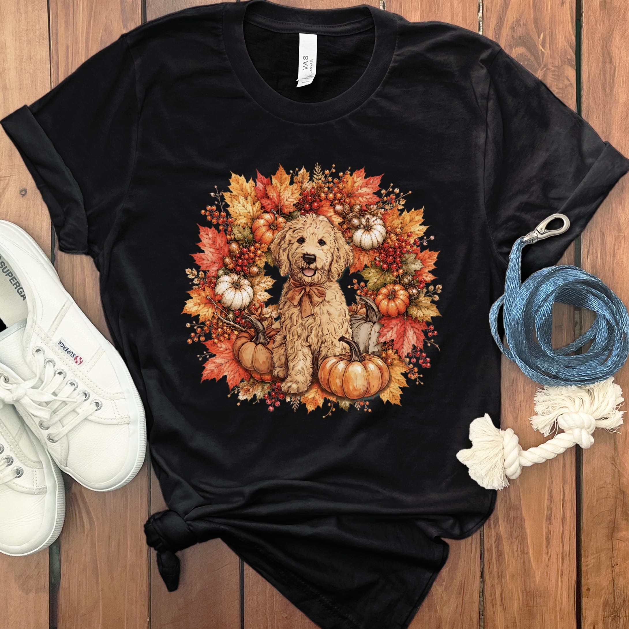 Apricot Goldendoodle Fall Wreath T-Shirt in Black / S by Puppy Jo
