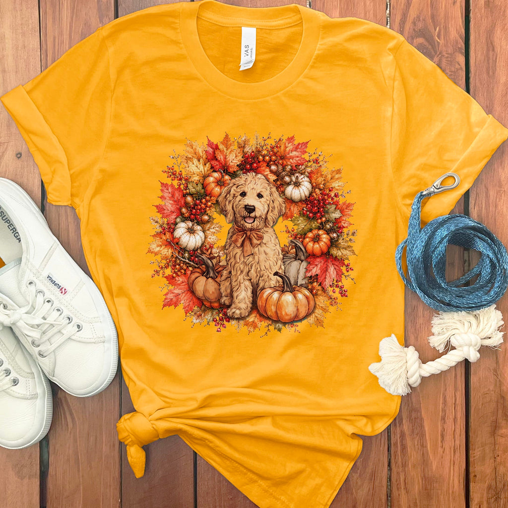 Apricot Goldendoodle Fall Wreath T-Shirt in Gold / S by Puppy Jo