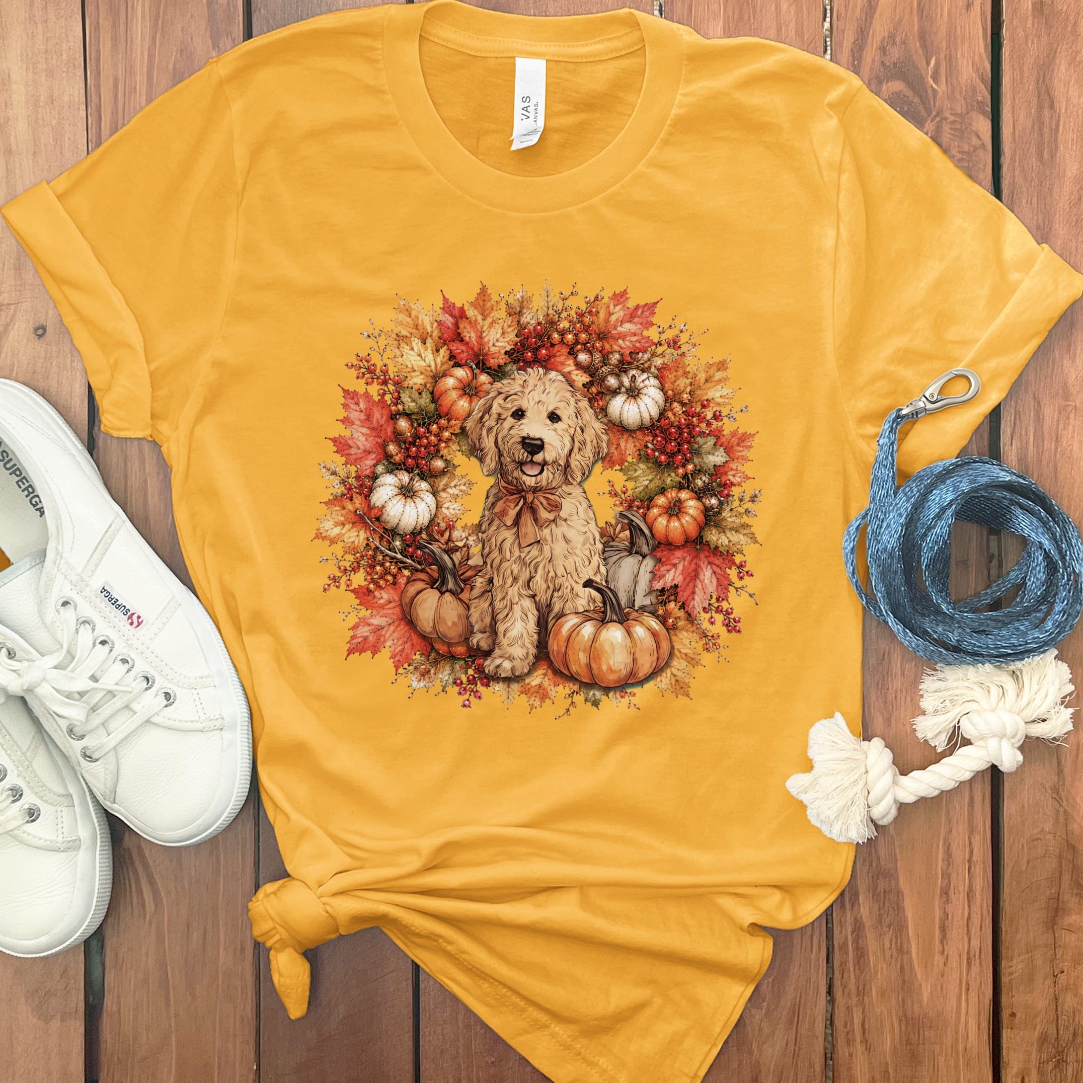 Apricot Goldendoodle Fall Wreath T-Shirt in Gold / S by Puppy Jo