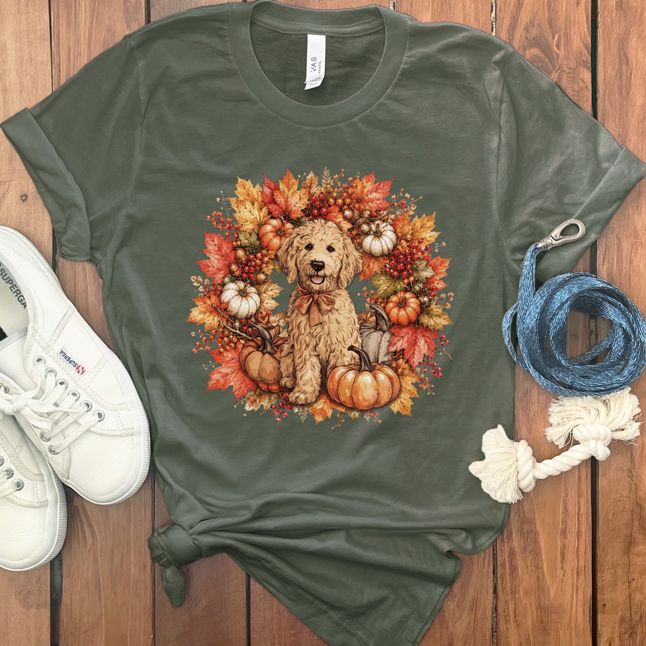 Apricot Goldendoodle Fall Wreath T-Shirt in Military Green / S by Puppy Jo