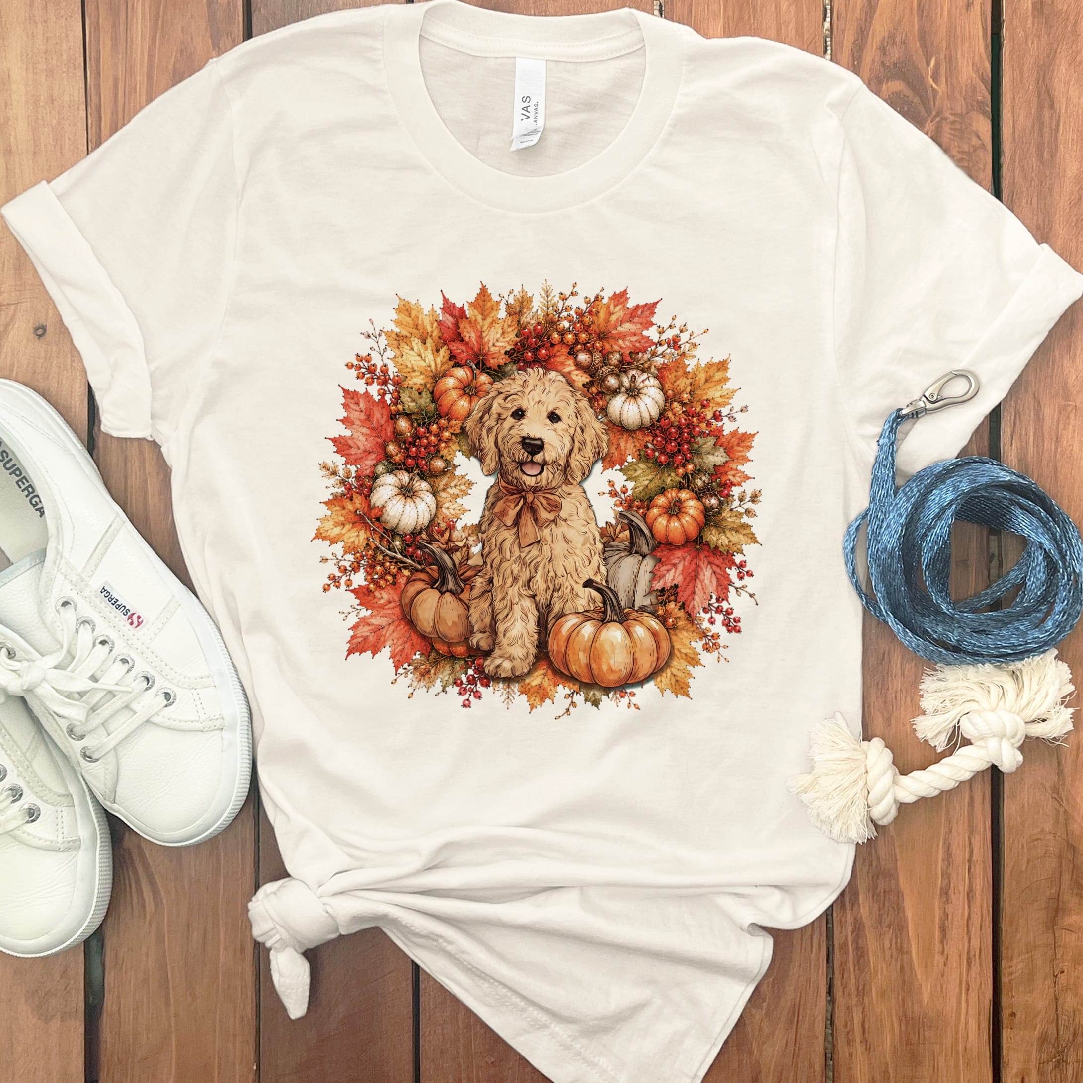 Apricot Goldendoodle Fall Wreath T-Shirt in Natural / S by Puppy Jo