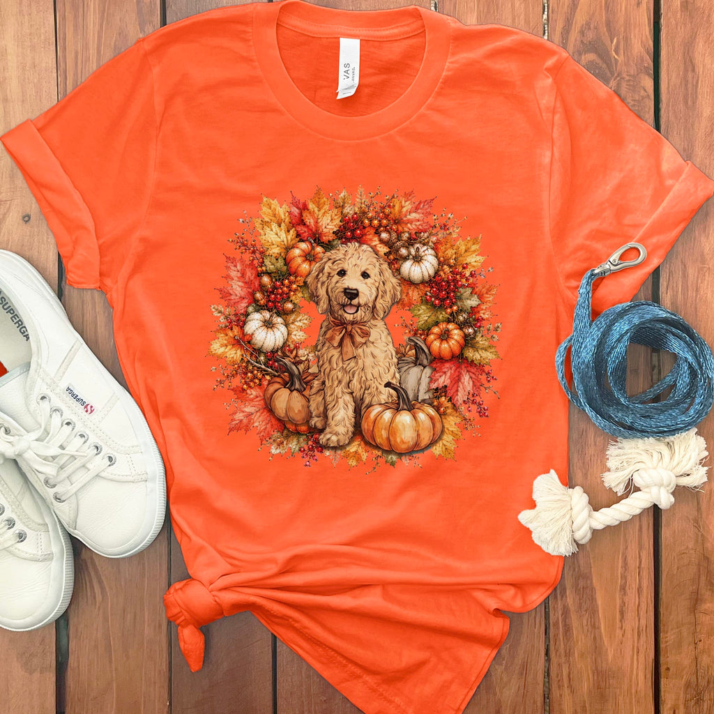 Apricot Goldendoodle Fall Wreath T-Shirt in Orange / S by Puppy Jo