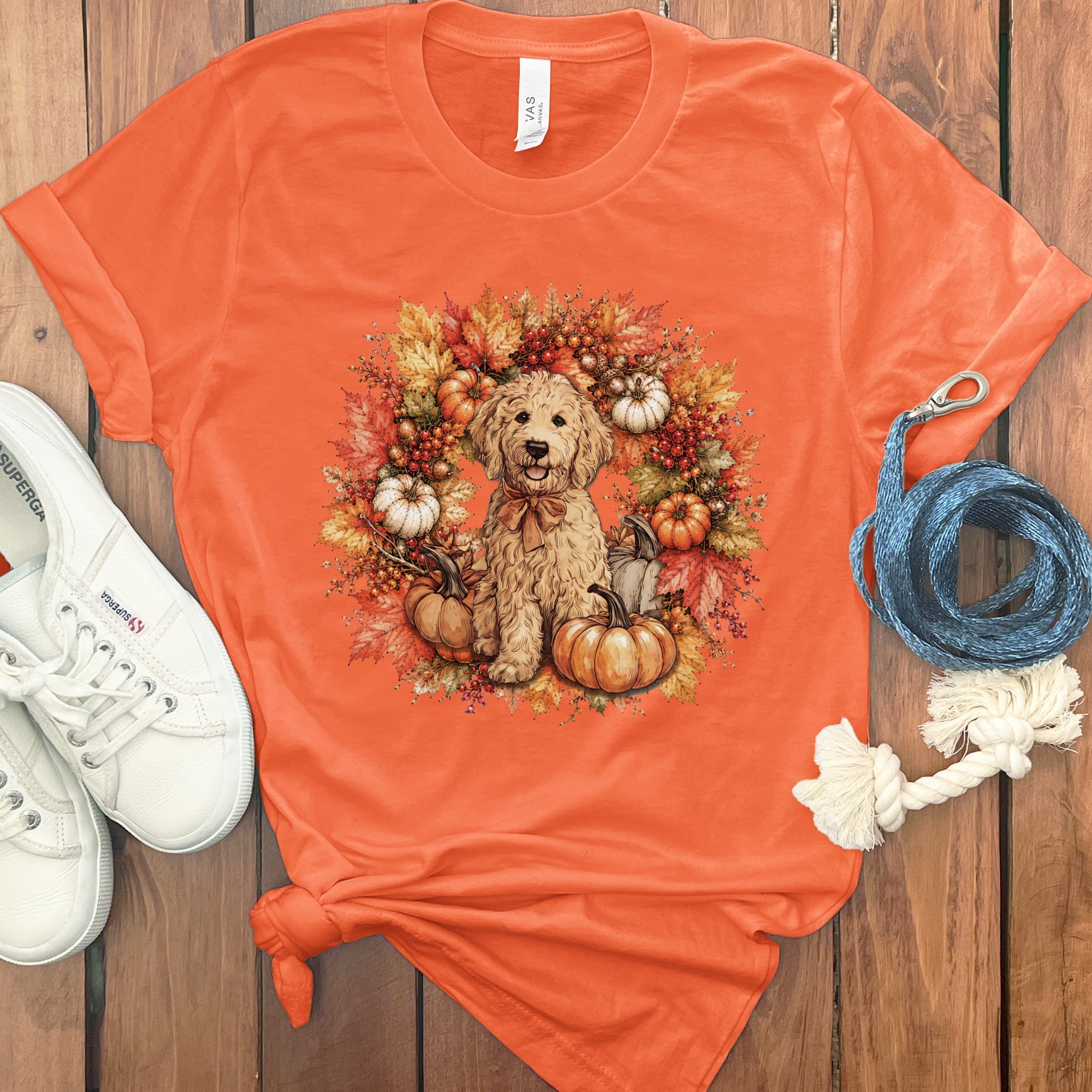 Apricot Goldendoodle Fall Wreath T-Shirt in Orange / S by Puppy Jo