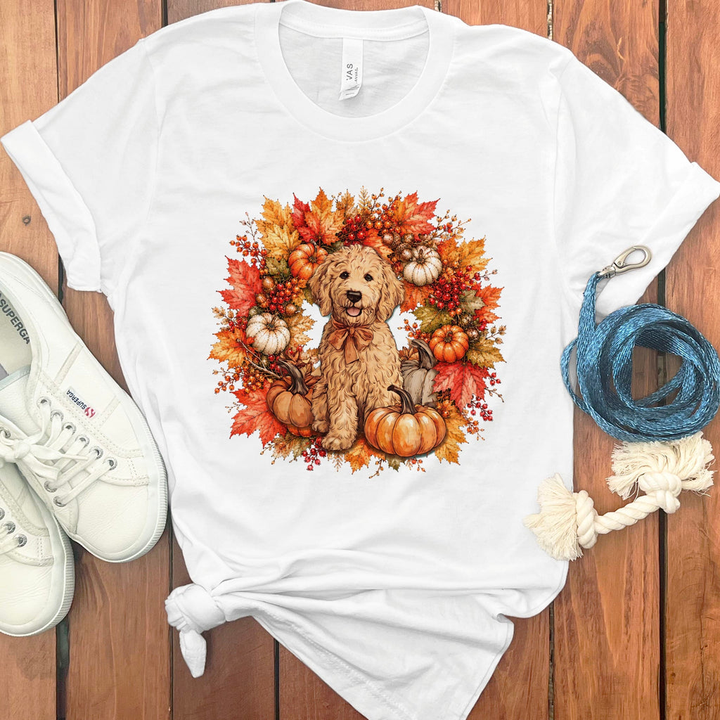 Apricot Goldendoodle Fall Wreath T-Shirt in White / S by Puppy Jo