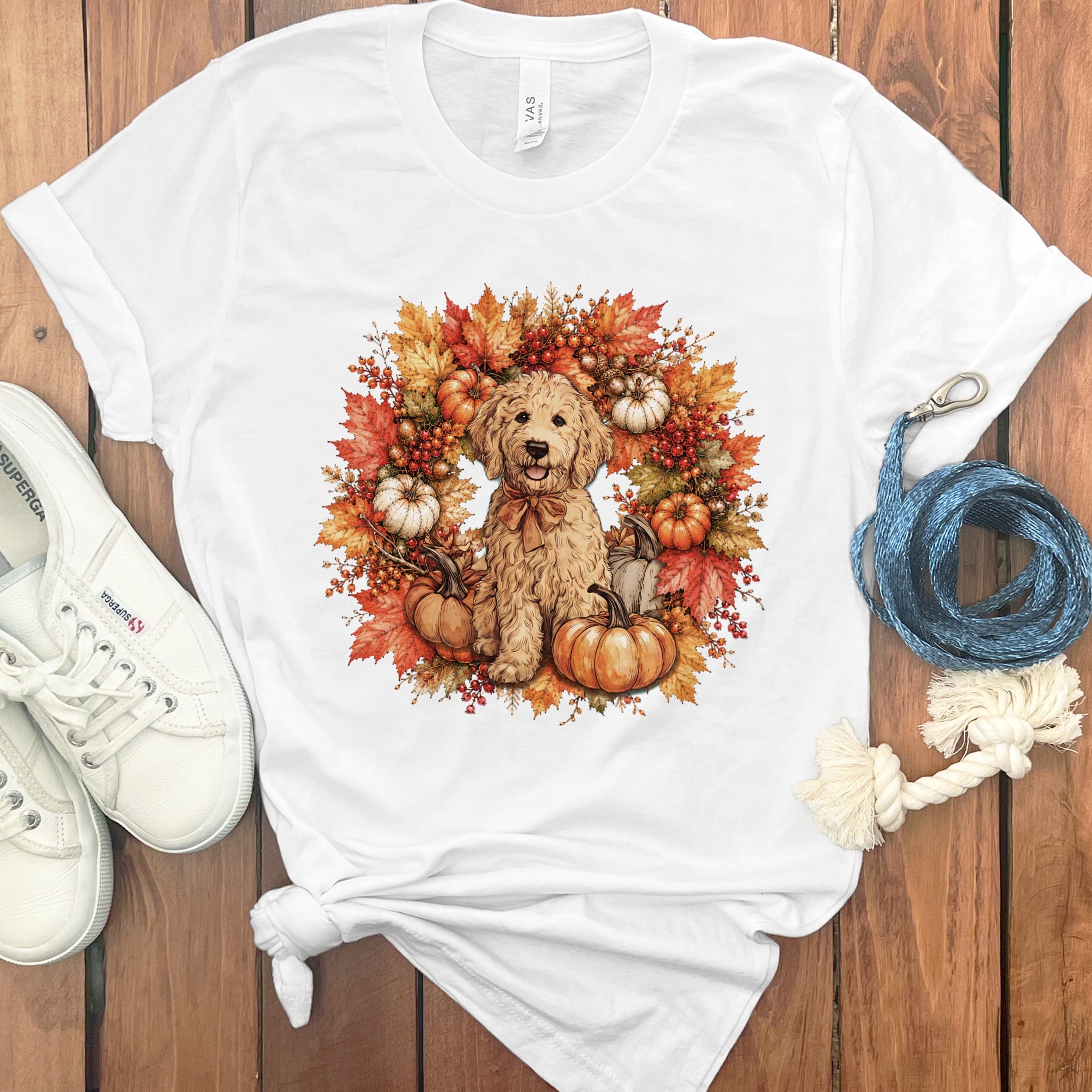 Apricot Goldendoodle Fall Wreath T-Shirt in White / S by Puppy Jo
