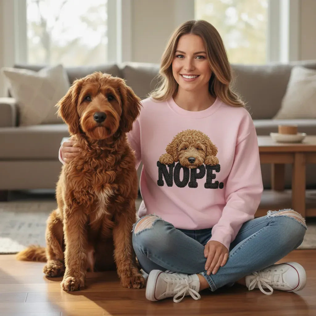 Apricot Goldendoodle Faux Yarn Nope Sweatshirt in by Puppy Jo
