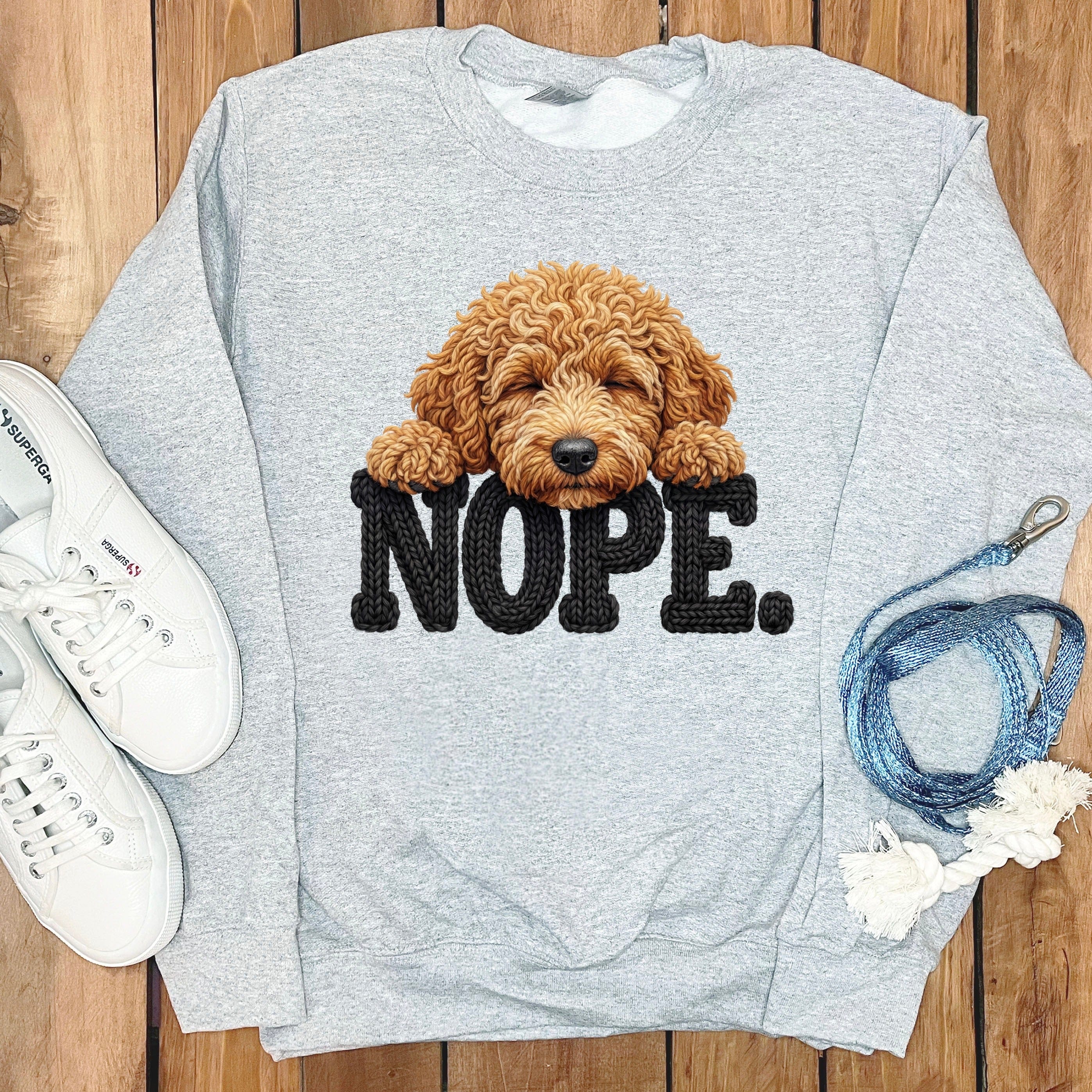 Apricot Goldendoodle Faux Yarn Nope Sweatshirt in Sport Grey / S by Puppy Jo