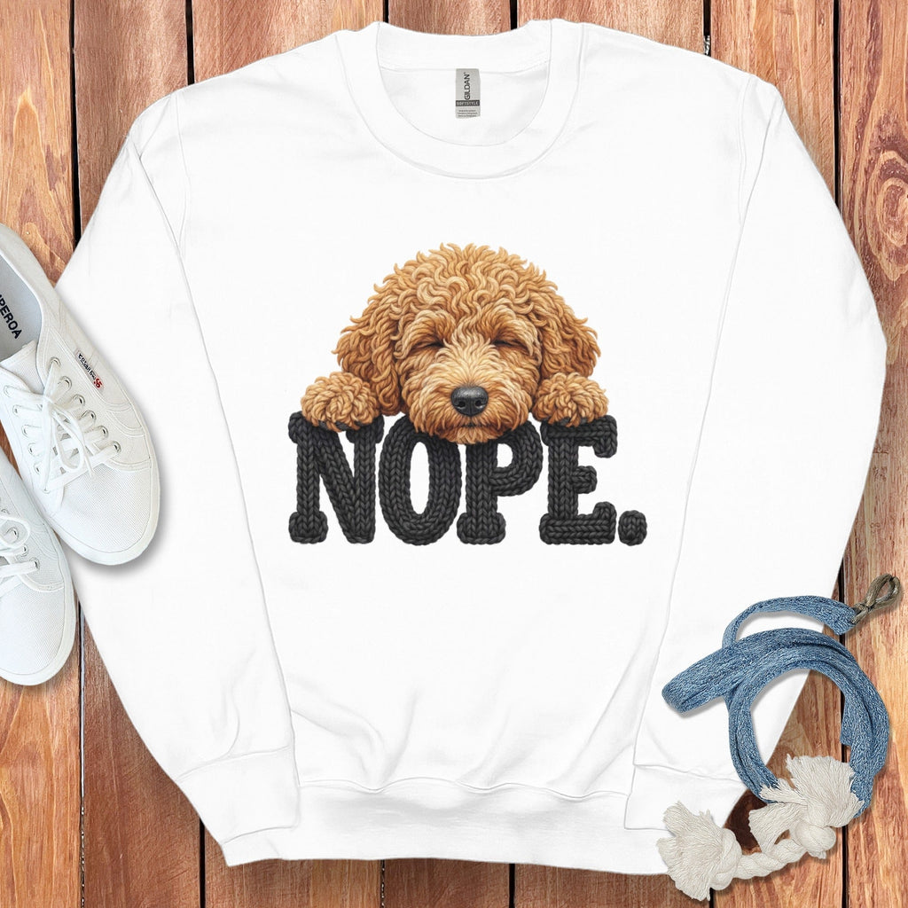 Apricot Goldendoodle Faux Yarn Nope Sweatshirt in White / S by Puppy Jo