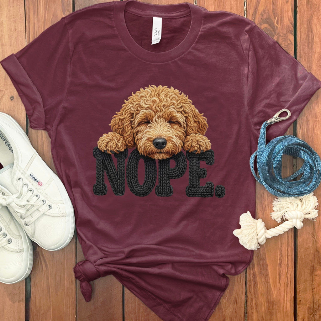 Apricot Goldendoodle Faux Yarn Nope T-Shirt in Maroon / S by Puppy Jo