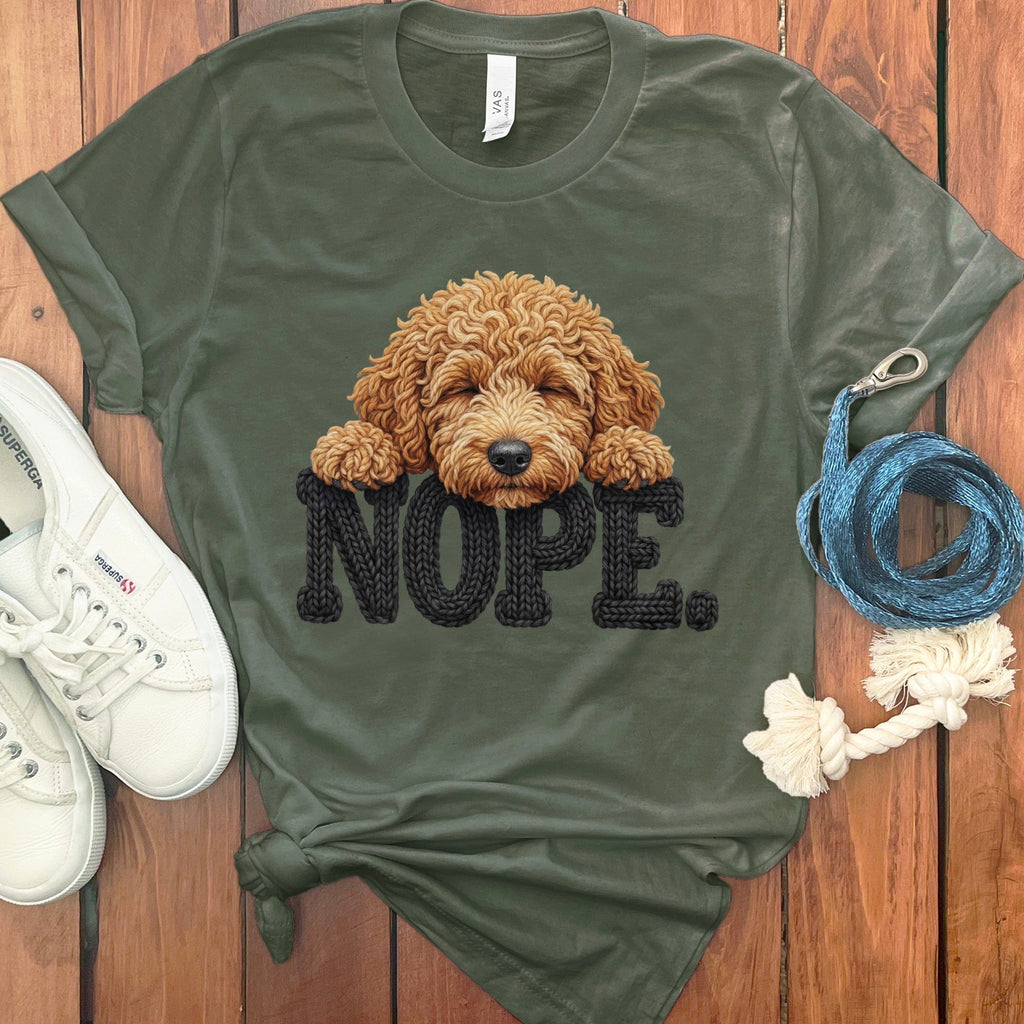 Apricot Goldendoodle Faux Yarn Nope T-Shirt in Military Green / S by Puppy Jo
