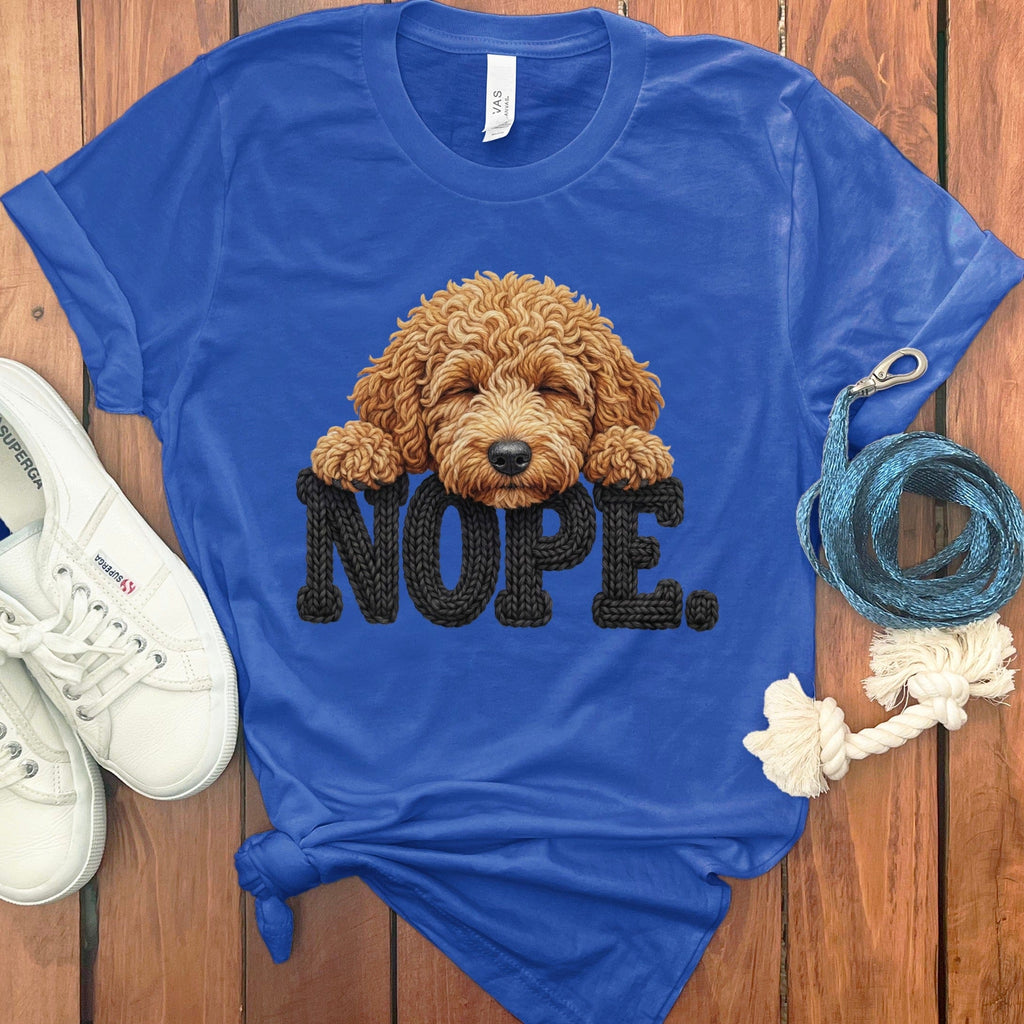 Apricot Goldendoodle Faux Yarn Nope T-Shirt in True Royal / S by Puppy Jo