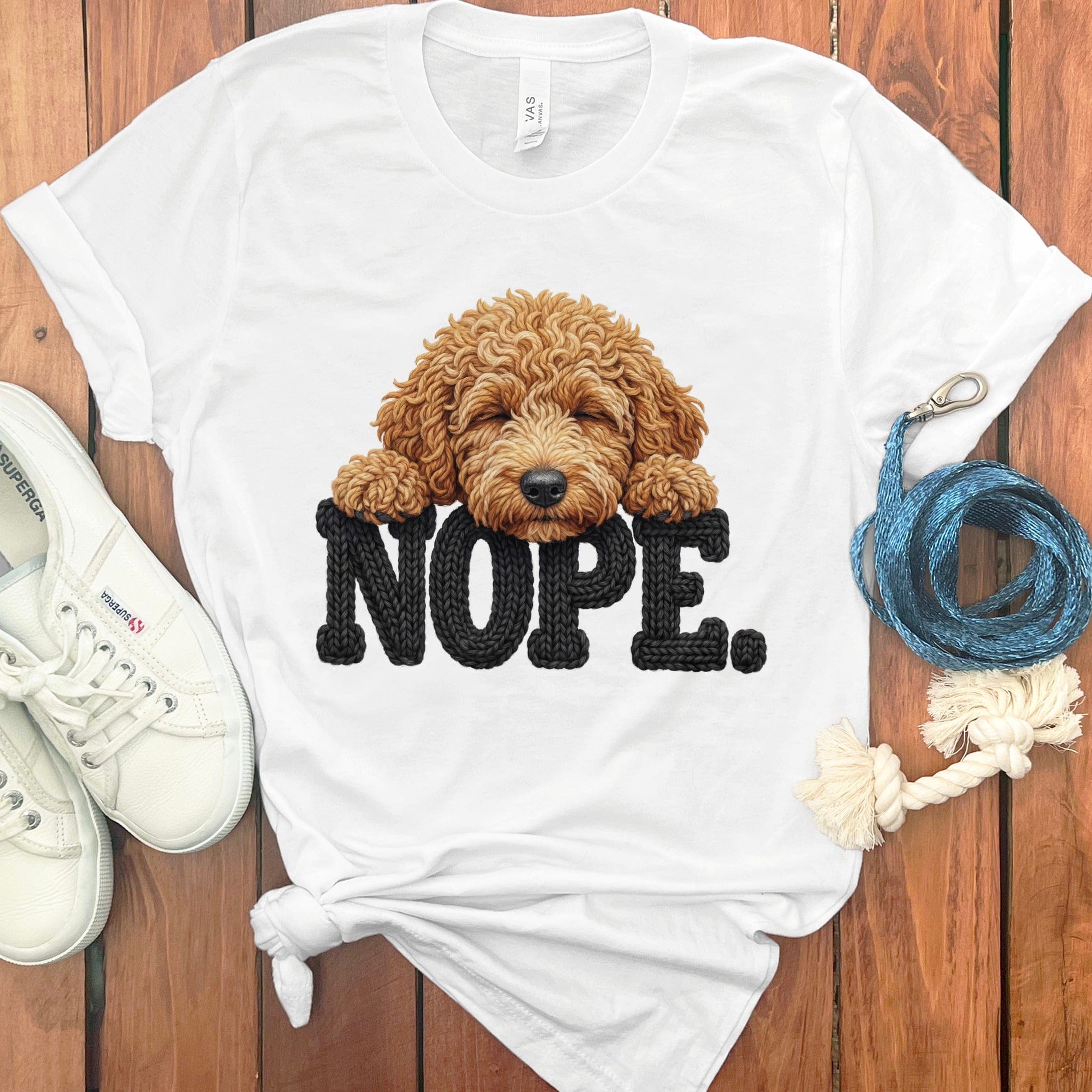 Apricot Goldendoodle Faux Yarn Nope T-Shirt in White / S by Puppy Jo