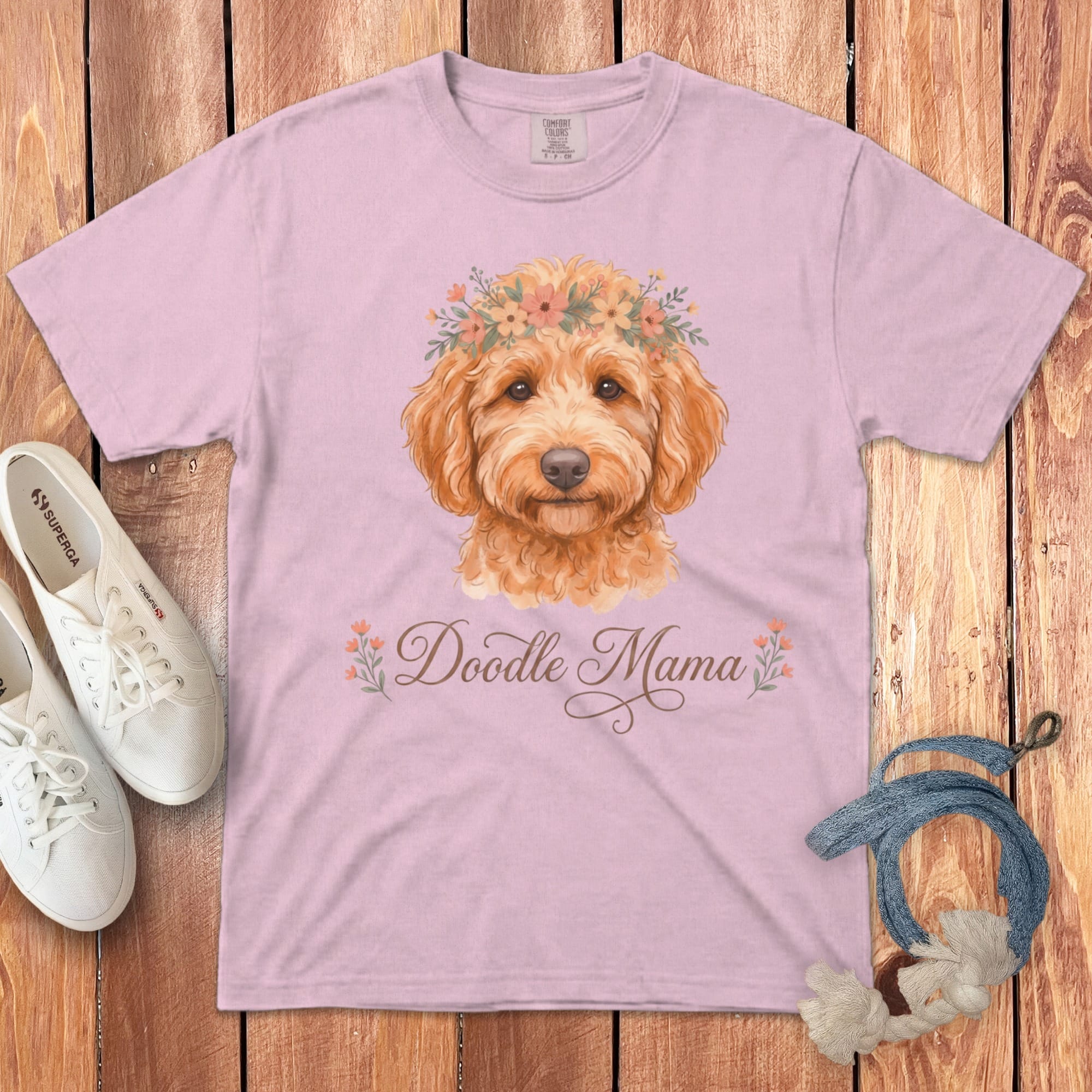 Apricot Goldendoodle Floral Crown Signature T-Shirt in Blossom / S by Puppy Jo