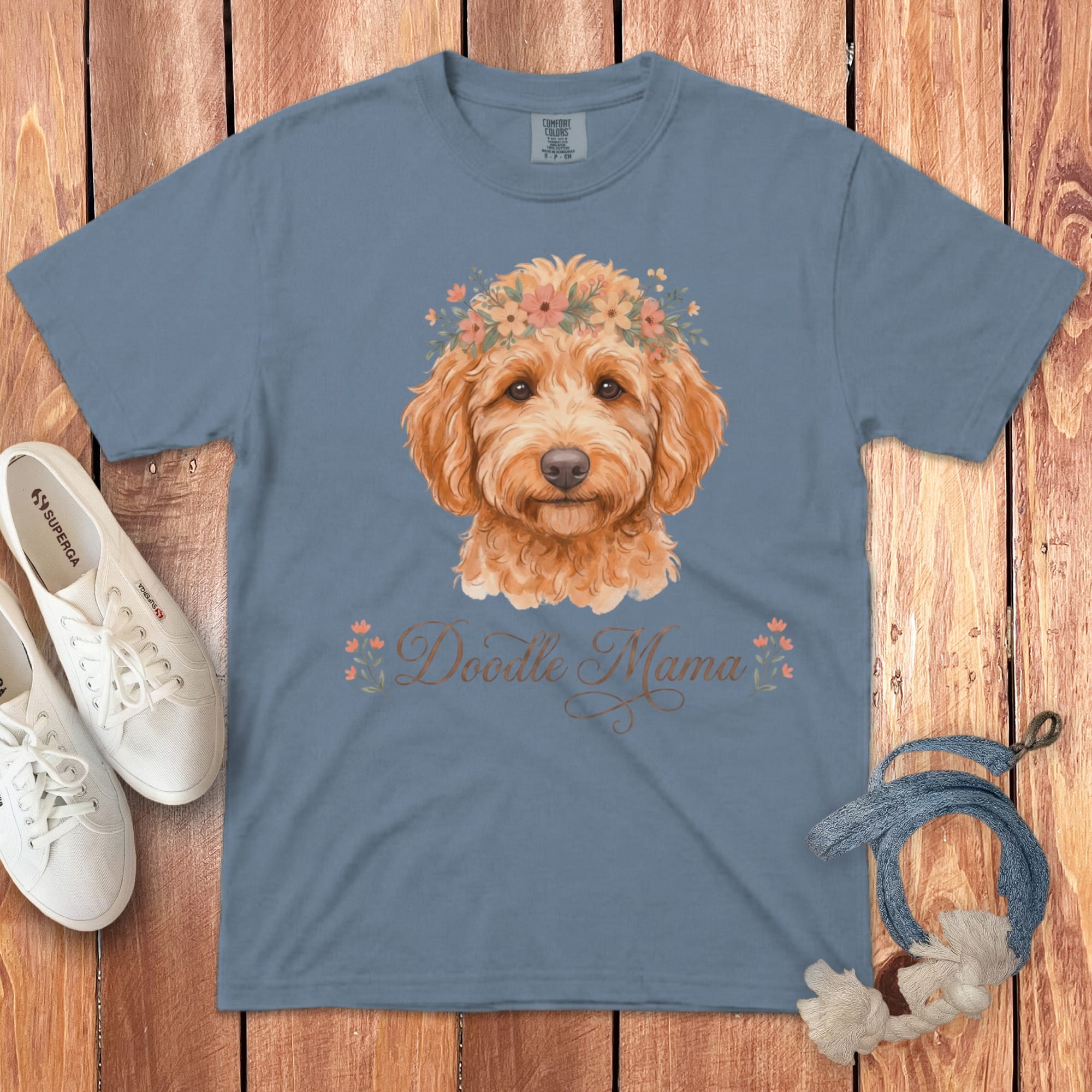 Apricot Goldendoodle Floral Crown Signature T-Shirt in Blue Jean / S by Puppy Jo