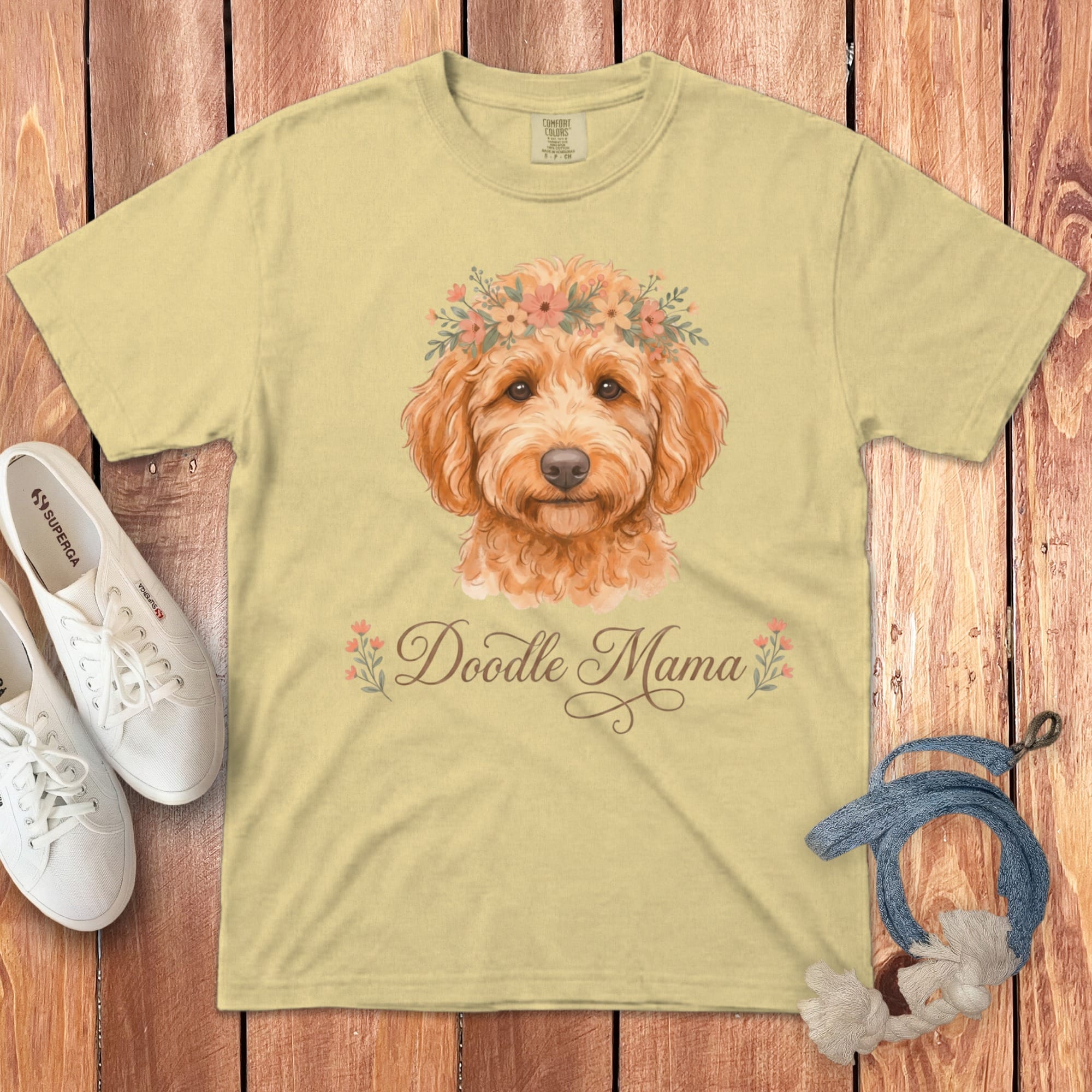 Apricot Goldendoodle Floral Crown Signature T-Shirt in Butter / S by Puppy Jo