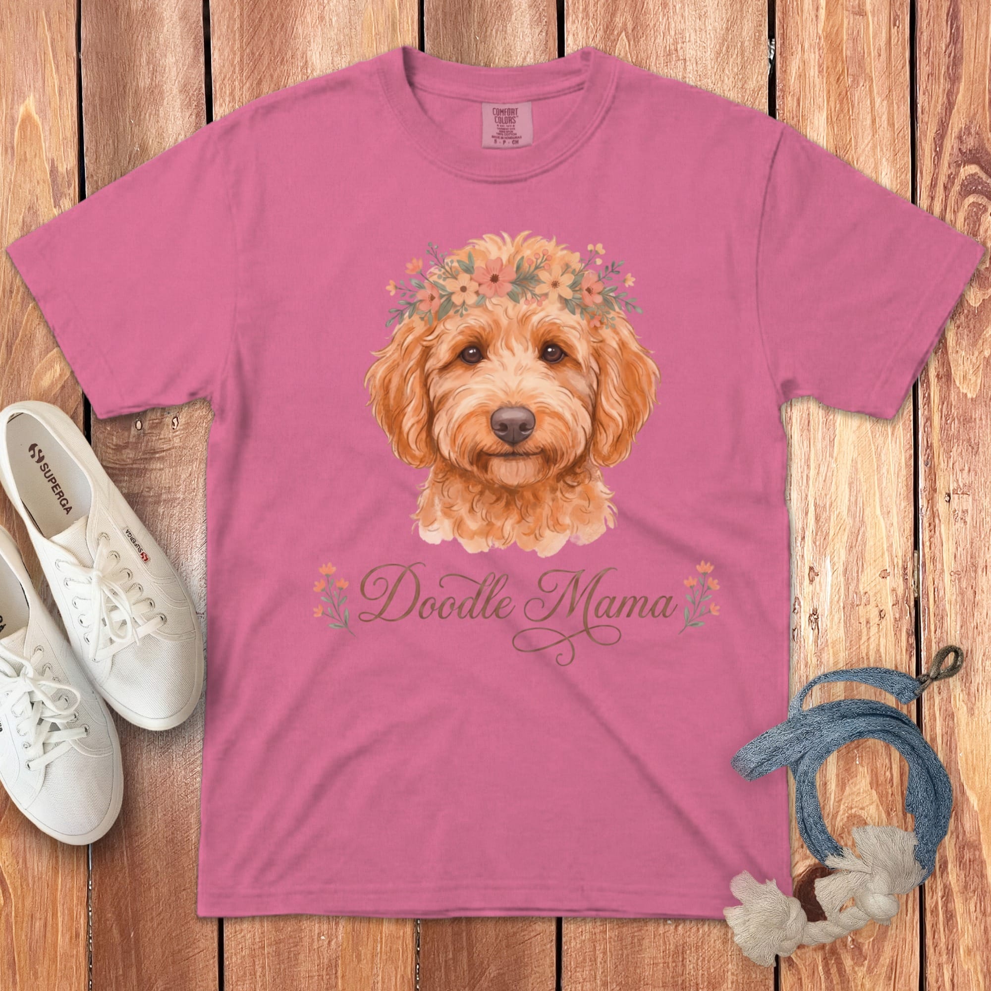 Apricot Goldendoodle Floral Crown Signature T-Shirt in Crunchberry / S by Puppy Jo